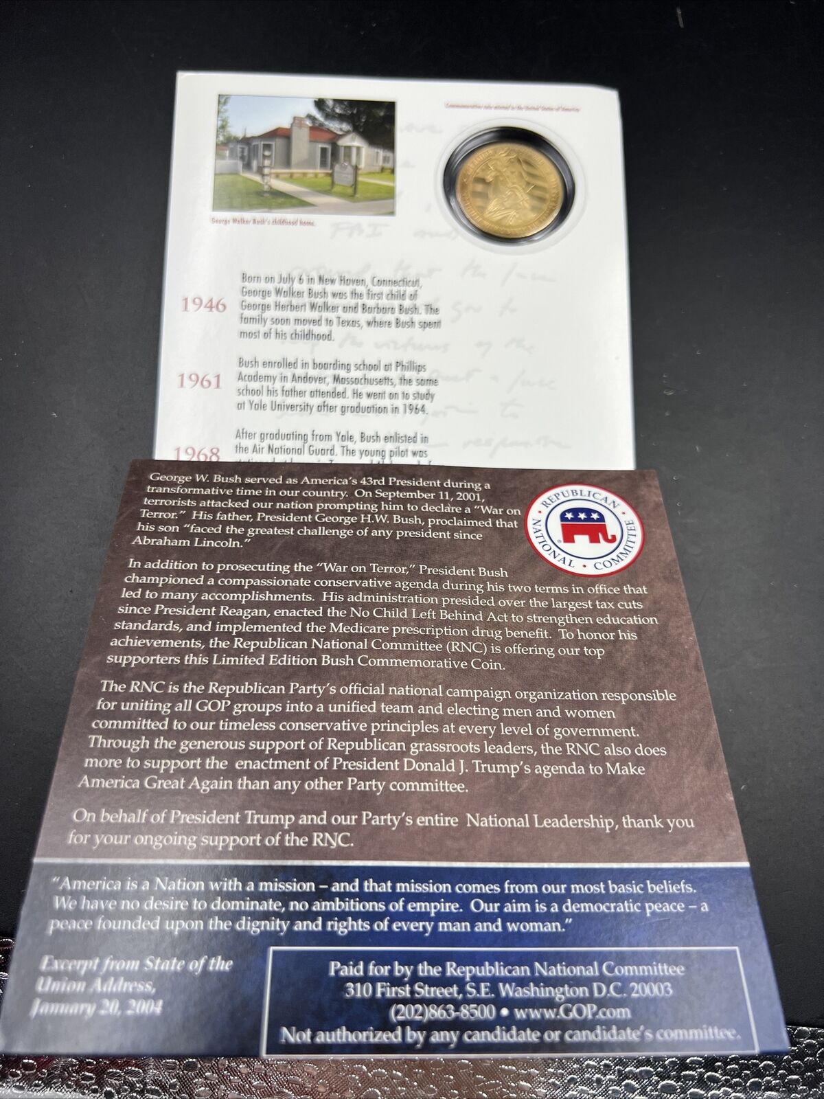 George W Bush Presidential Collection Medal in RNC Display Packet
