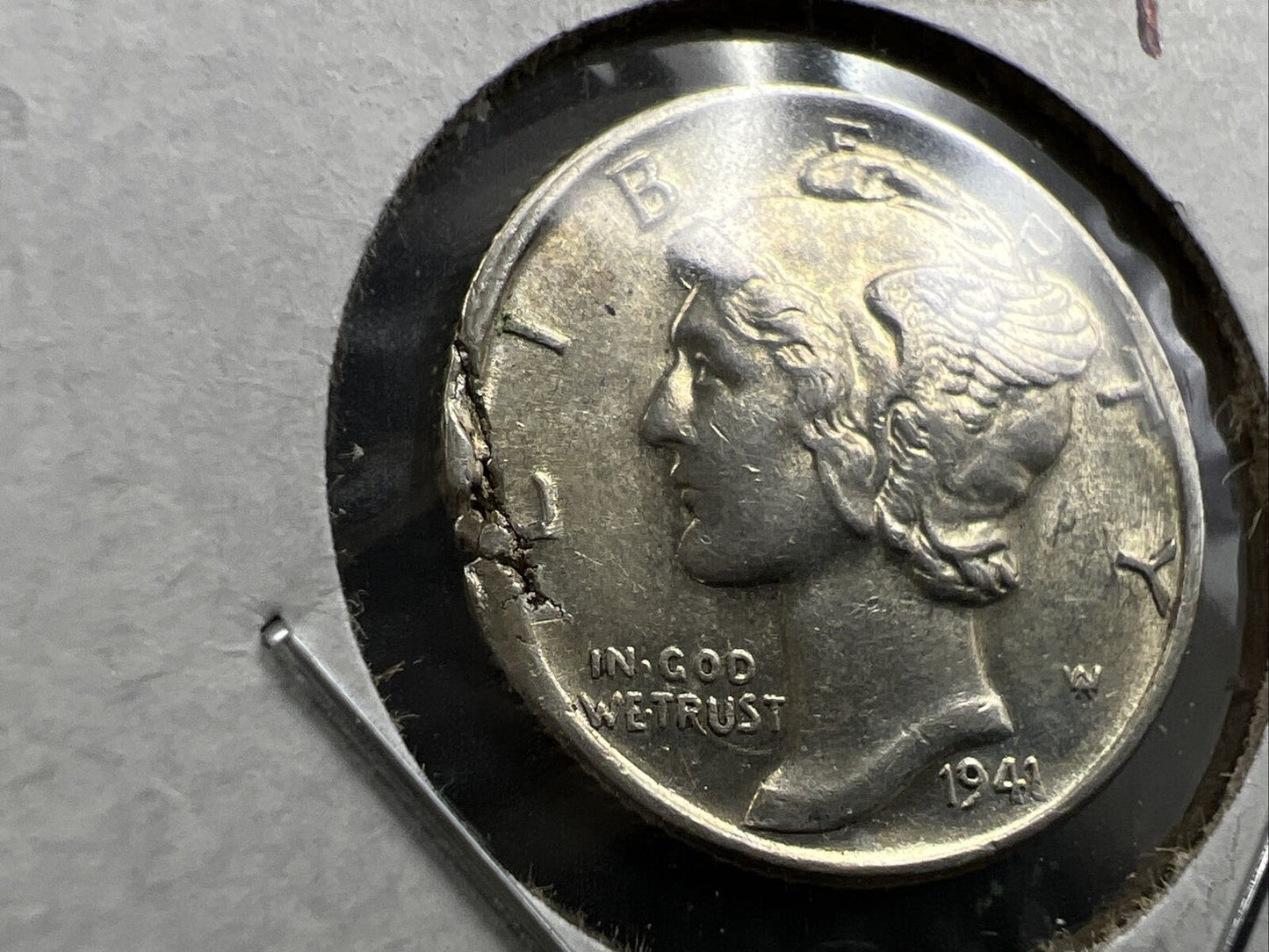 1941 P Mercury Silver Dime Coin w/ Major Planchet Flaw Error AU About UNC