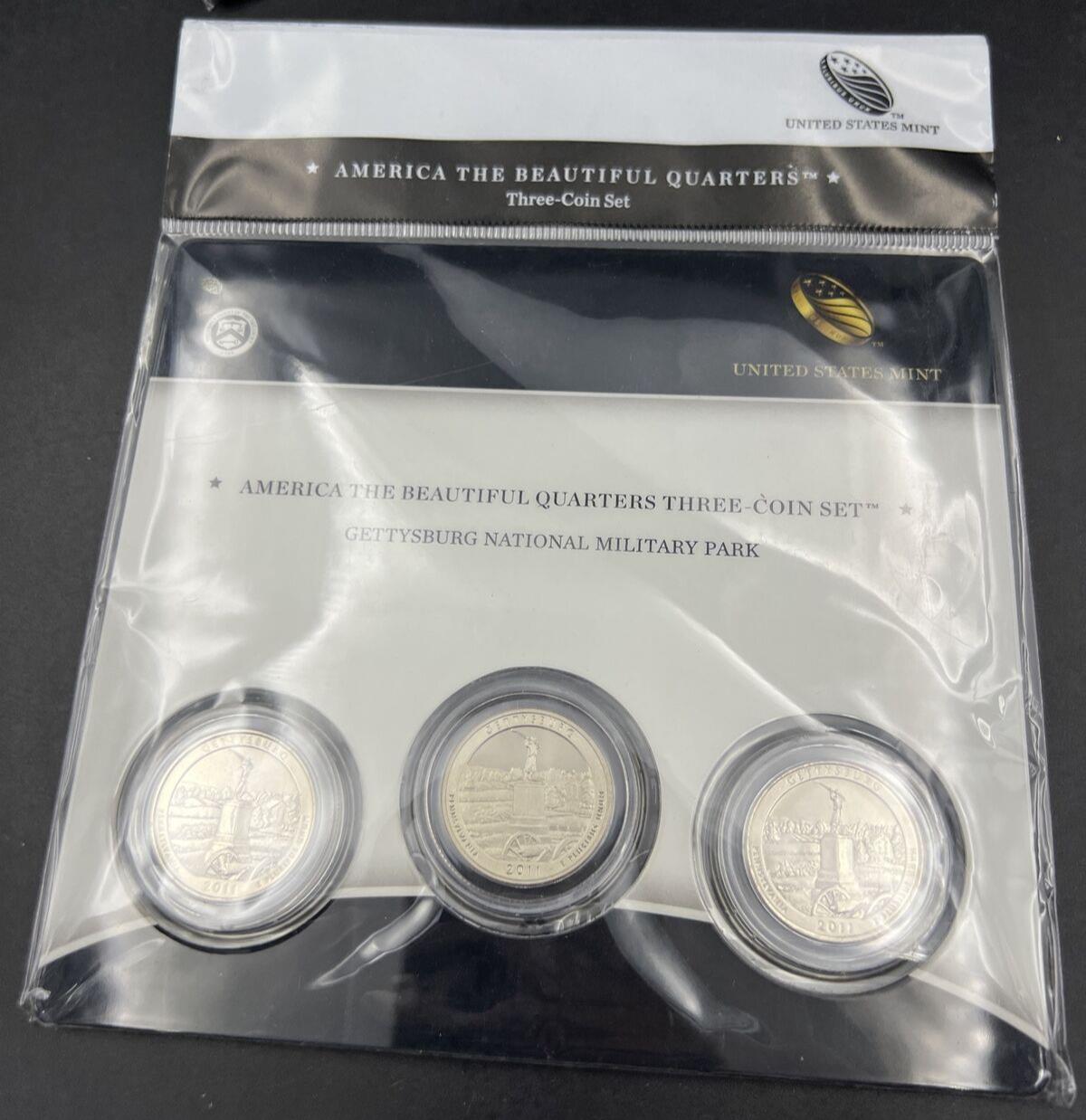 2011 Gettysburg 3 Coin P D S Business & Proof ATB Quarter Set US Mint OGP Sealed