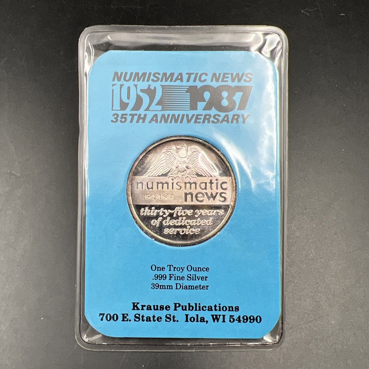 1987 Numismatic News Krause Publications 1 oz Silver 35 Years Anniversary Proof
