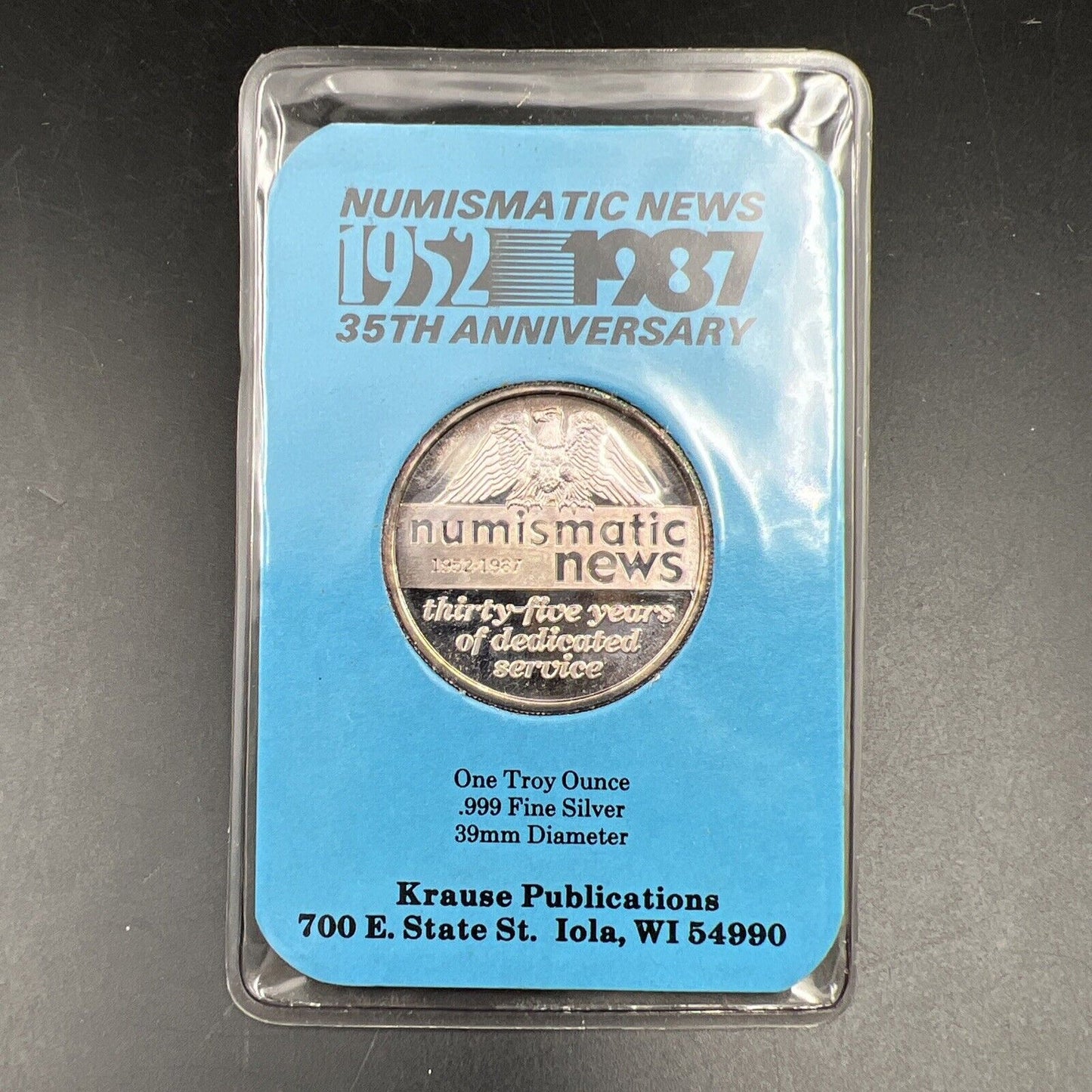 1987 Numismatic News Krause Publications 1 oz Silver 35 Years Anniversary Proof