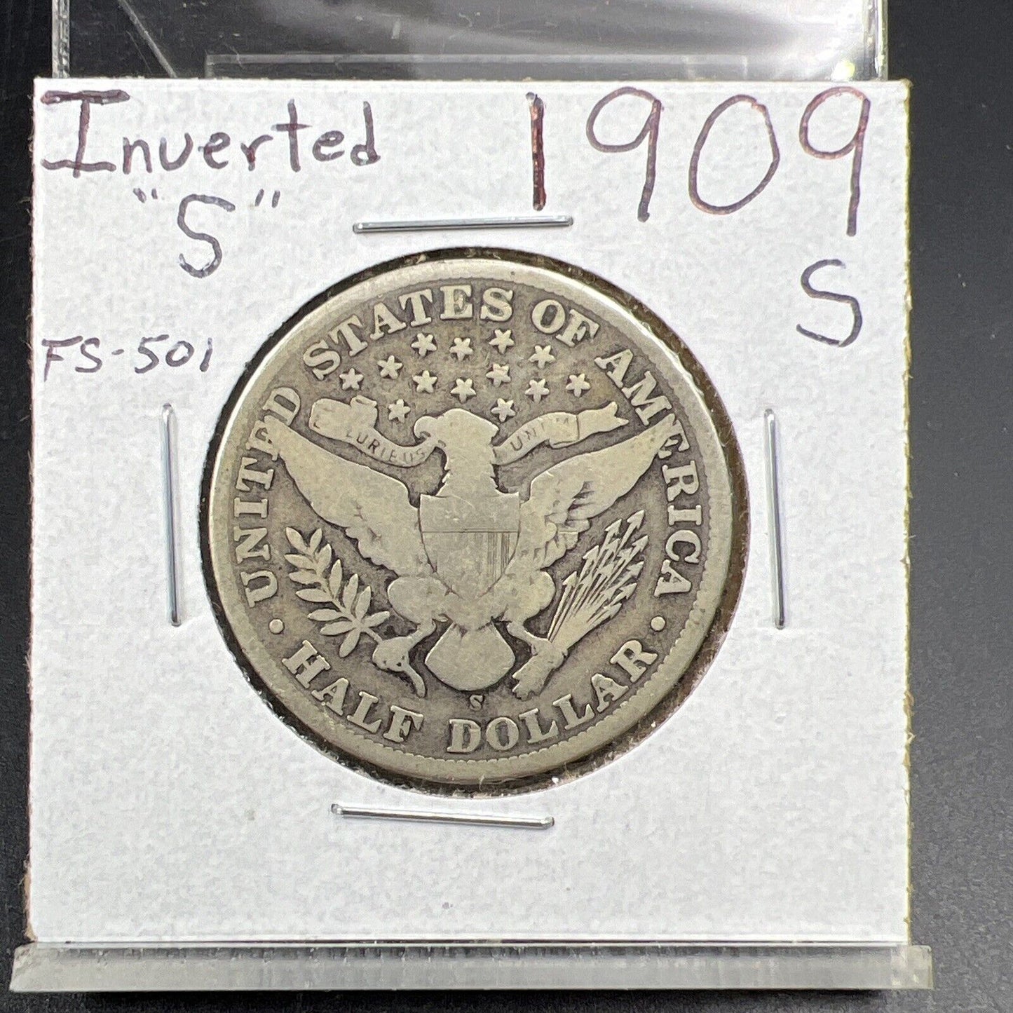 1909 S 50c Barber Half Dollar Coin FS-501 Inverted Mint Mark Variety Good / VG