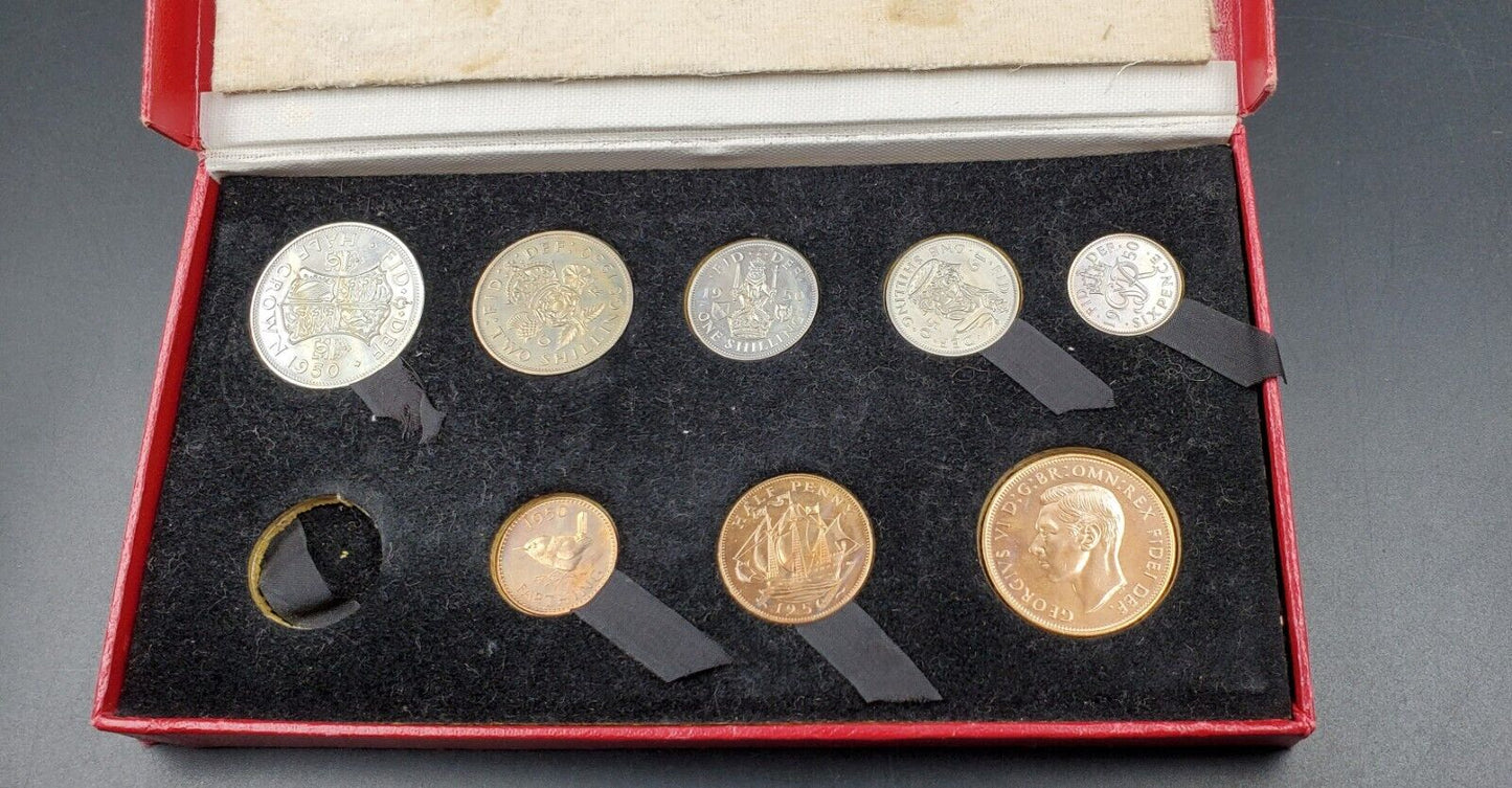 1950 Great Britain CH Proof Set In Original Box 8 Coins (missing 3P coin) Toning