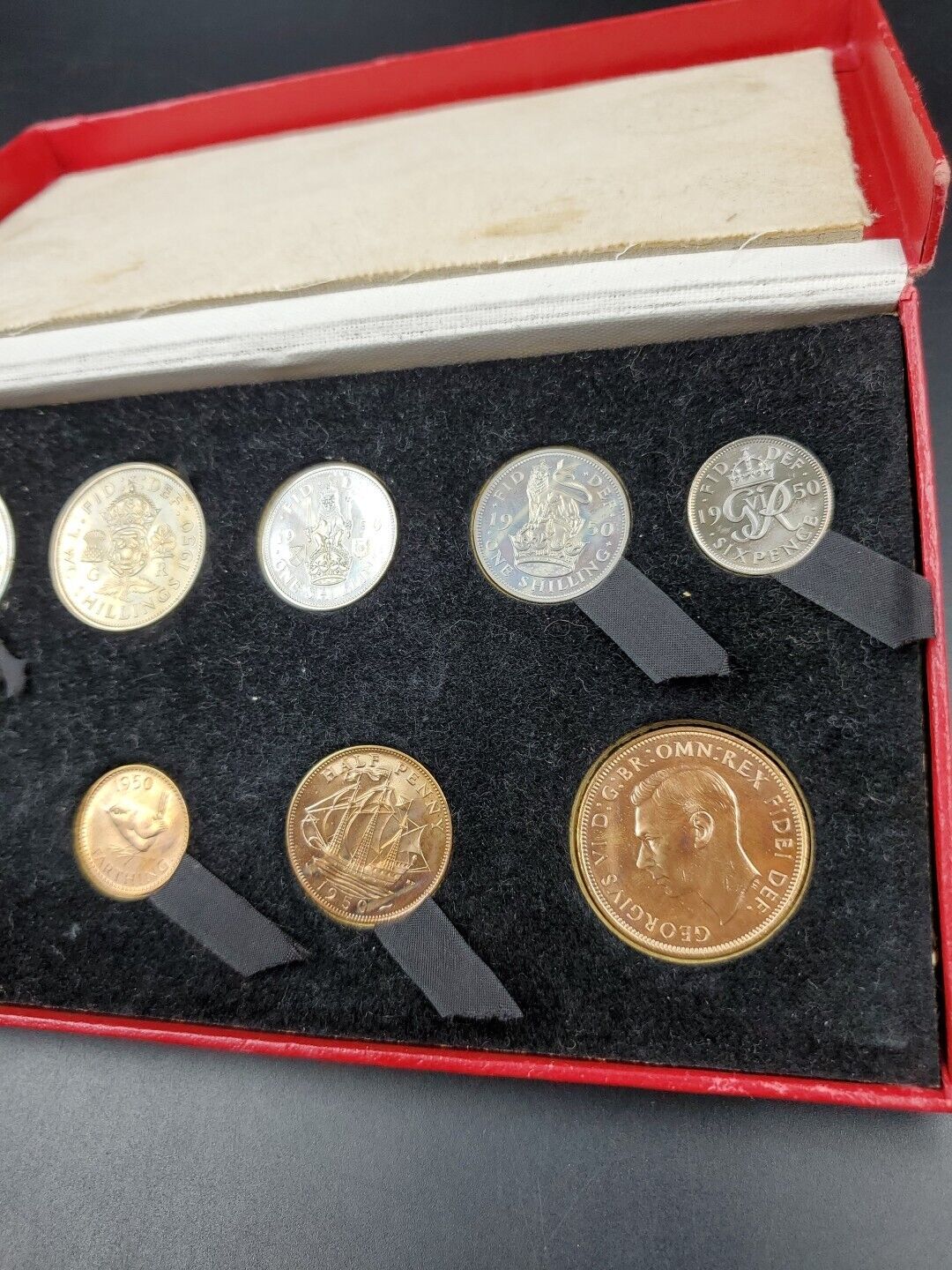 1950 Great Britain CH Proof Set In Original Box 8 Coins (missing 3P coin) Toning