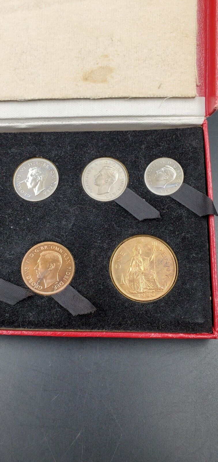 1950 Great Britain CH Proof Set In Original Box 8 Coins (missing 3P coin) Toning