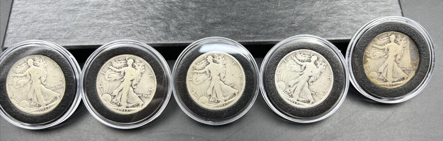 5 Coin Complete 1917 P D S 50c Obverse Reverse Mint Mark Walking Liberty Set