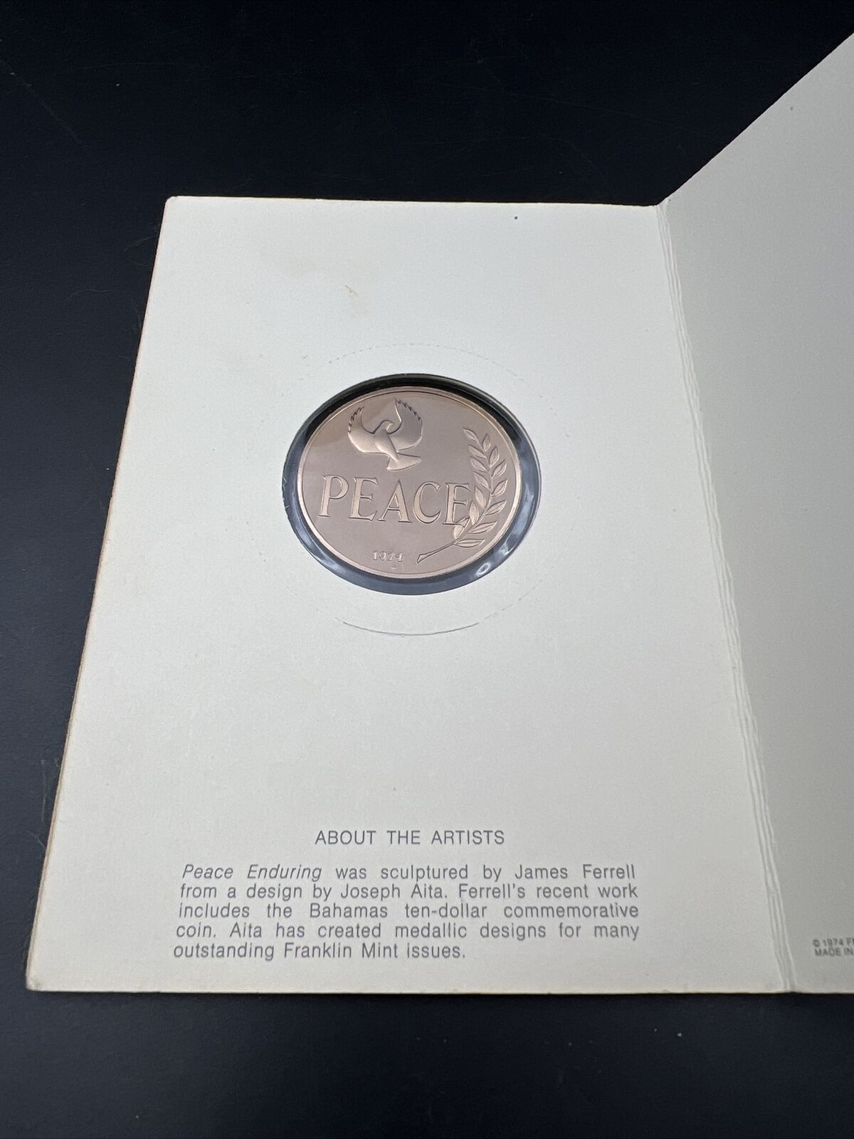 1974 Franklin Mint Christmas Holiday PEACE DOVE Coin Medal in Display Leaflet