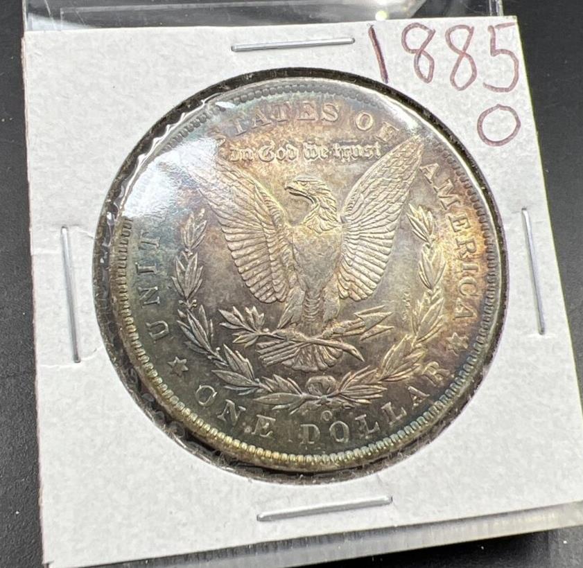 1885 O Morgan Silver Dollar Coin Choice AU PQ Toning Toner Reverse