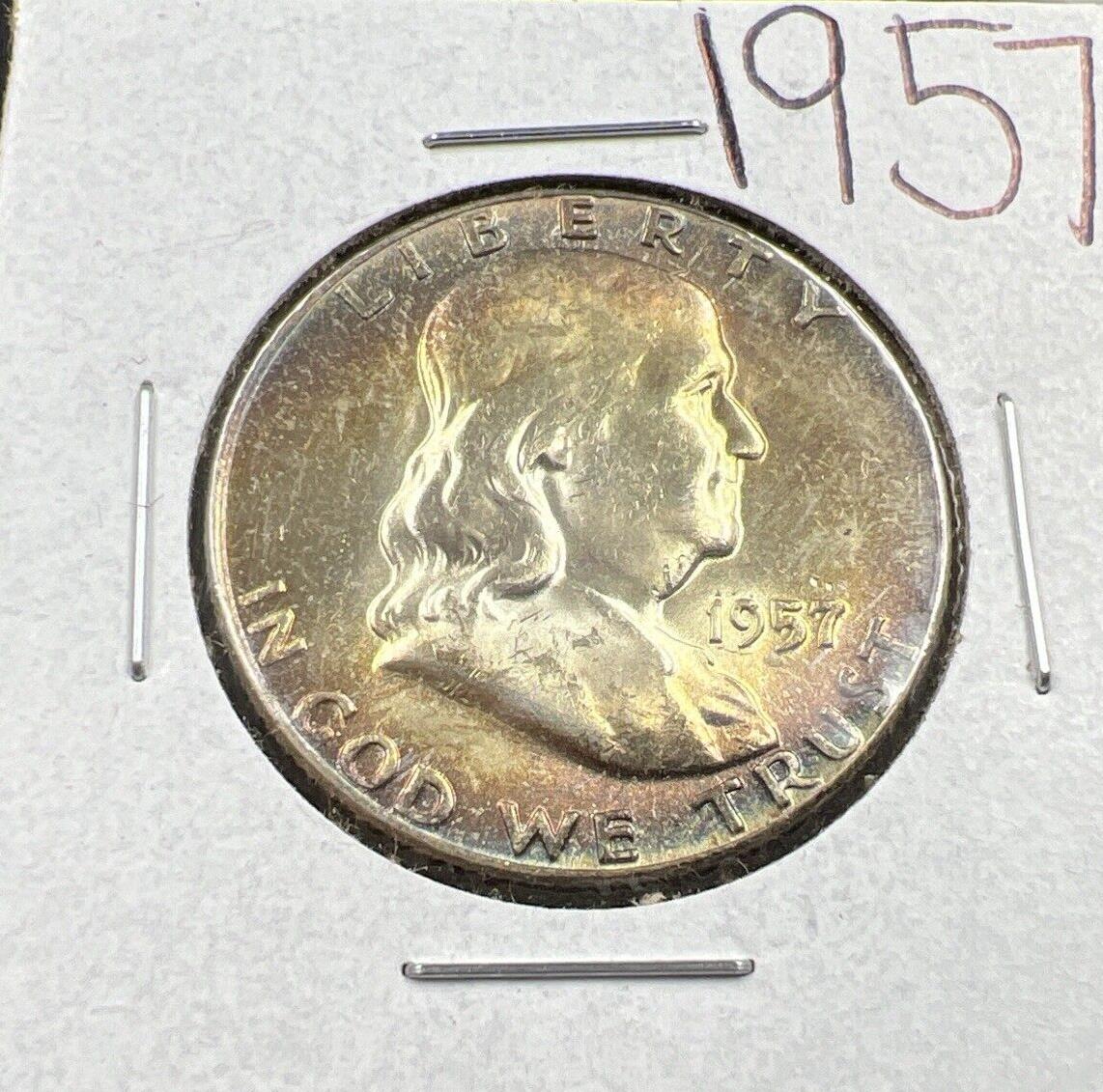 1957 P 50c Franklin Silver Half Dollar Coin PQ Toning Toner OBV CH BU UNC FBL