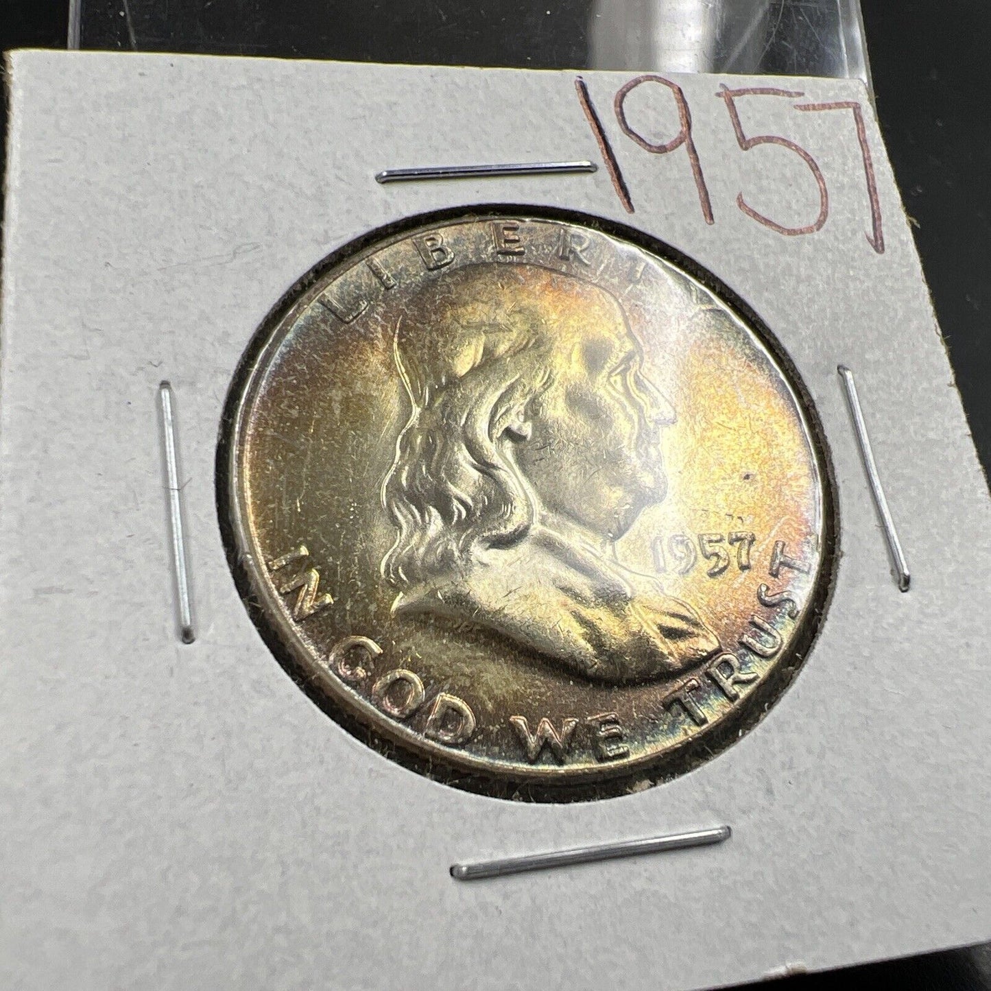 1957 P 50c Franklin Silver Half Dollar Coin PQ Toning Toner OBV CH BU UNC FBL