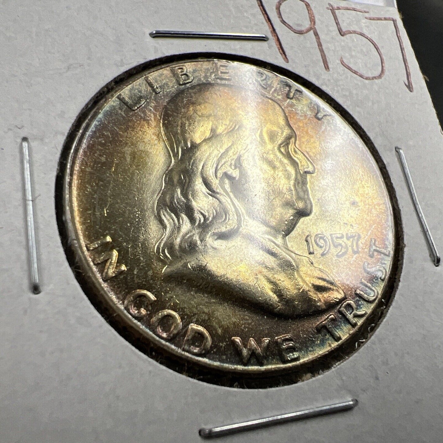 1957 P 50c Franklin Silver Half Dollar Coin PQ Toning Toner OBV CH BU UNC FBL
