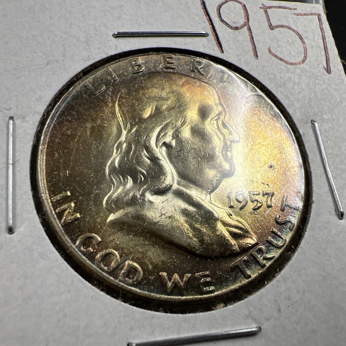 1957 P 50c Franklin Silver Half Dollar Coin PQ Toning Toner OBV CH BU UNC FBL