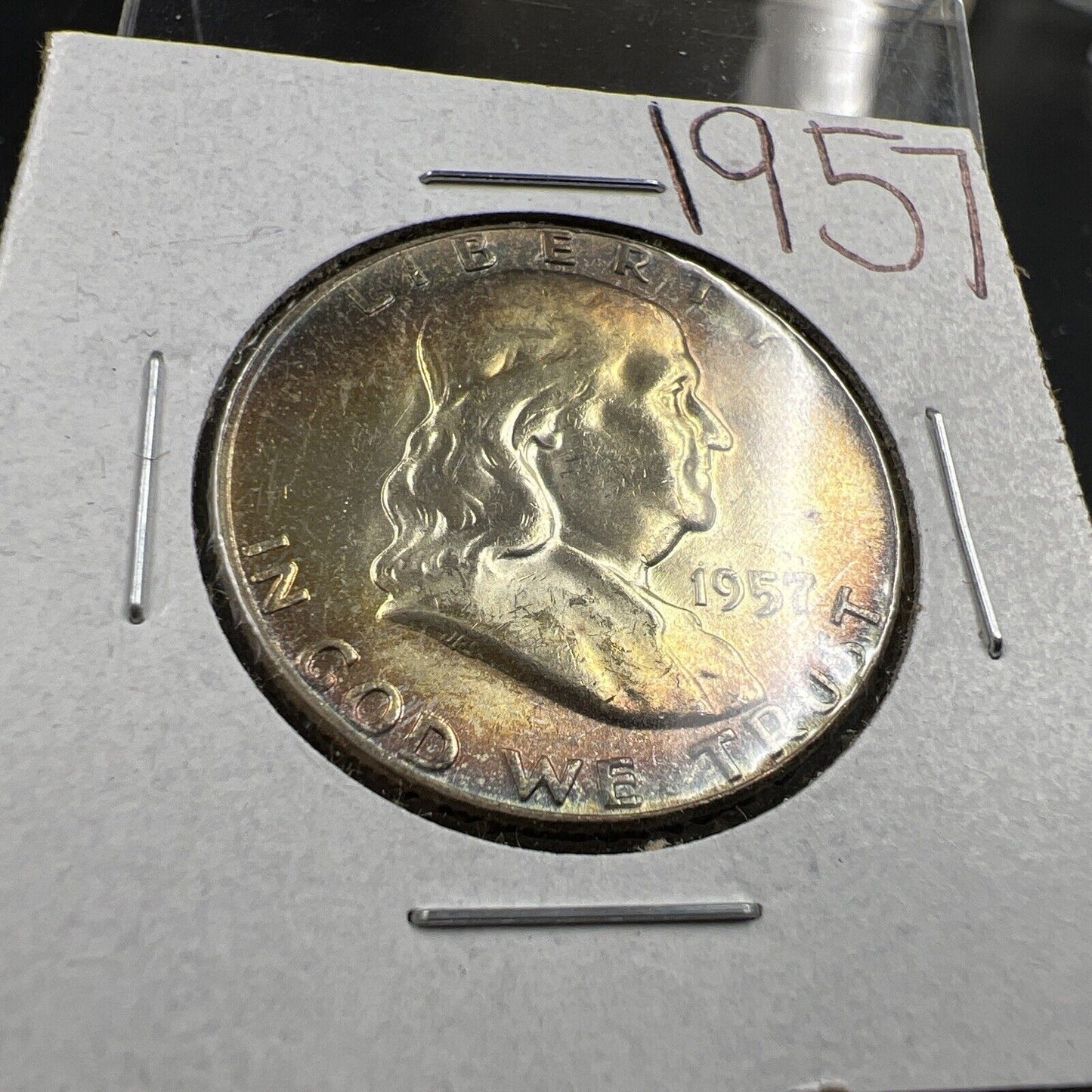 1957 P 50c Franklin Silver Half Dollar Coin PQ Toning Toner OBV CH BU UNC FBL