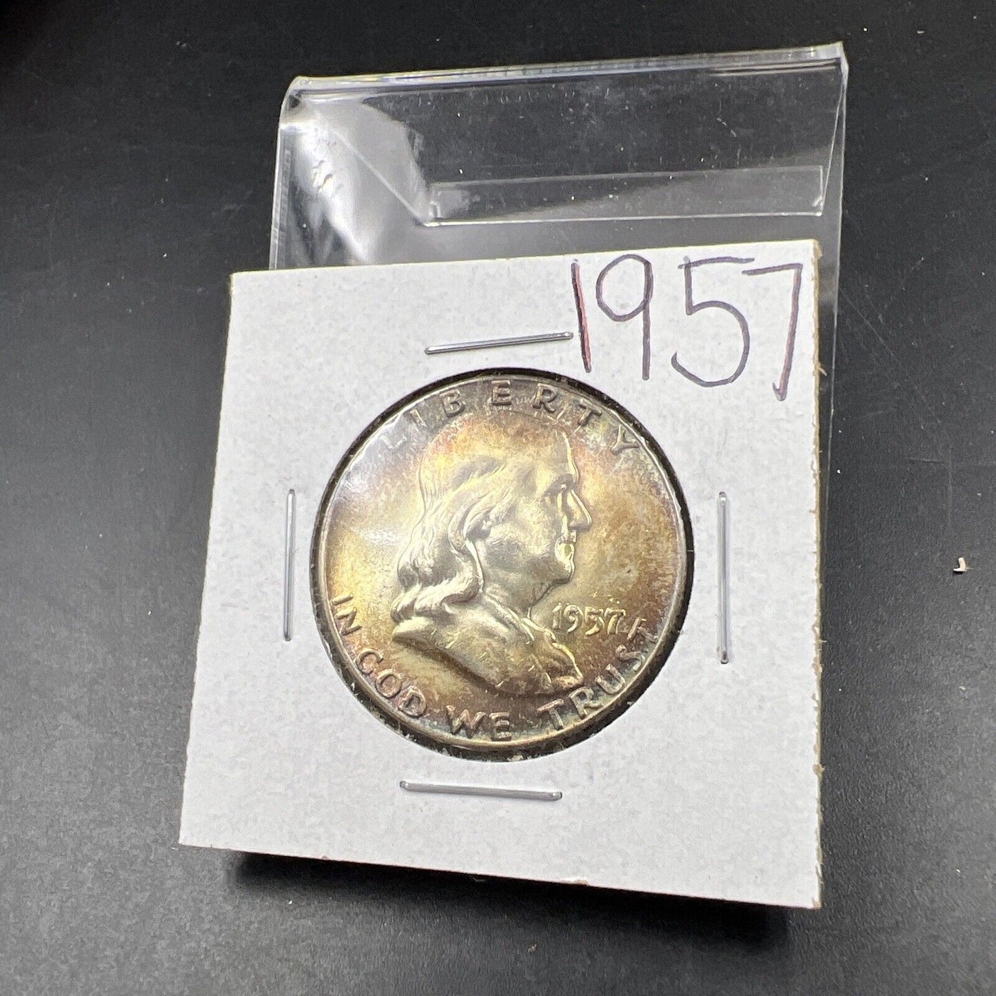 1957 P 50c Franklin Silver Half Dollar Coin PQ Toning Toner OBV CH BU UNC FBL