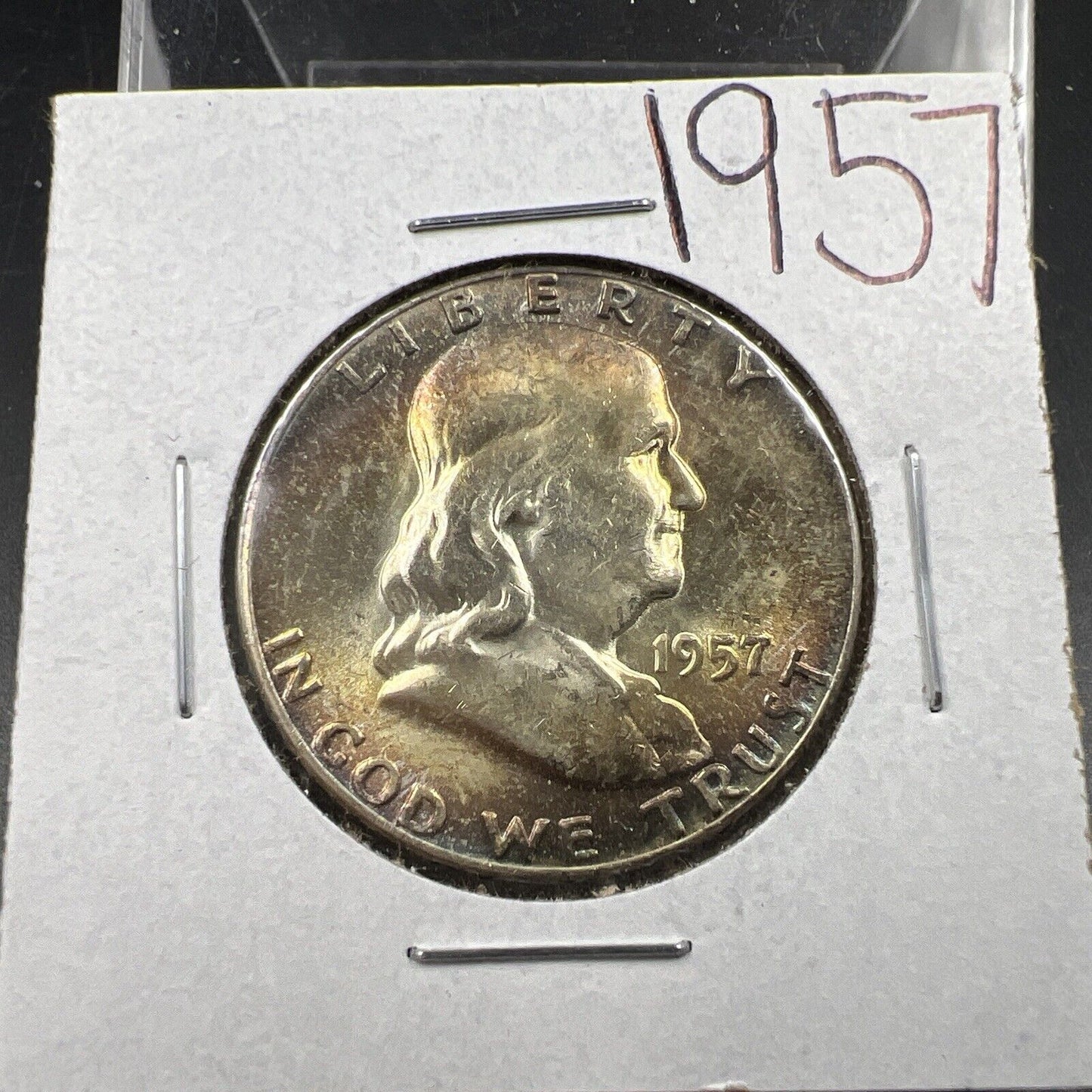1957 P 50c Franklin Silver Half Dollar Coin PQ Toning Toner OBV CH BU UNC FBL
