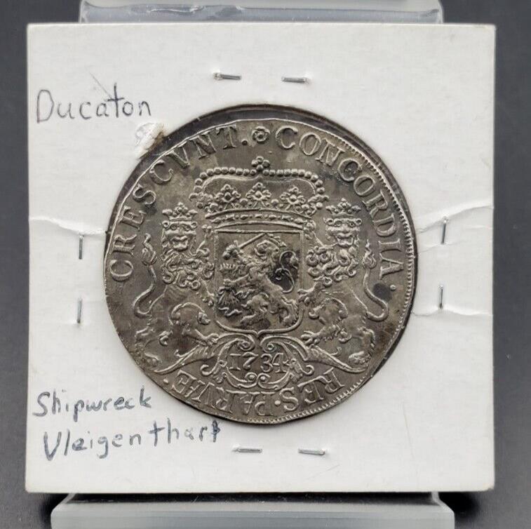 1734 Netherlands Silver Ducaton Overissel Shipwreck Vliegenthart AU About UNC