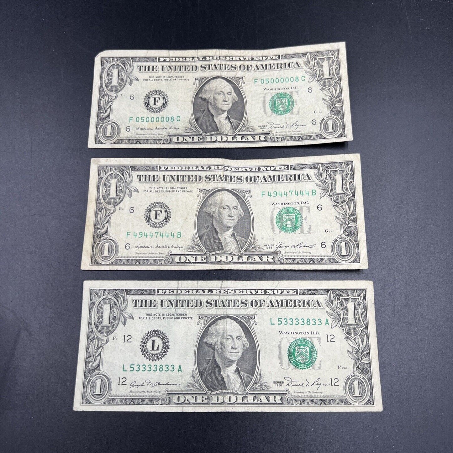 Lot of 3 1981 $1 One Dollar FRN Federal Reserve Notes Neat Fancy Serial Numbers