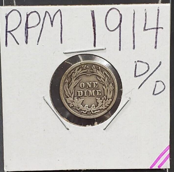 1914 10c D/D RPM Barber Silver Dime Coin Fine Circ