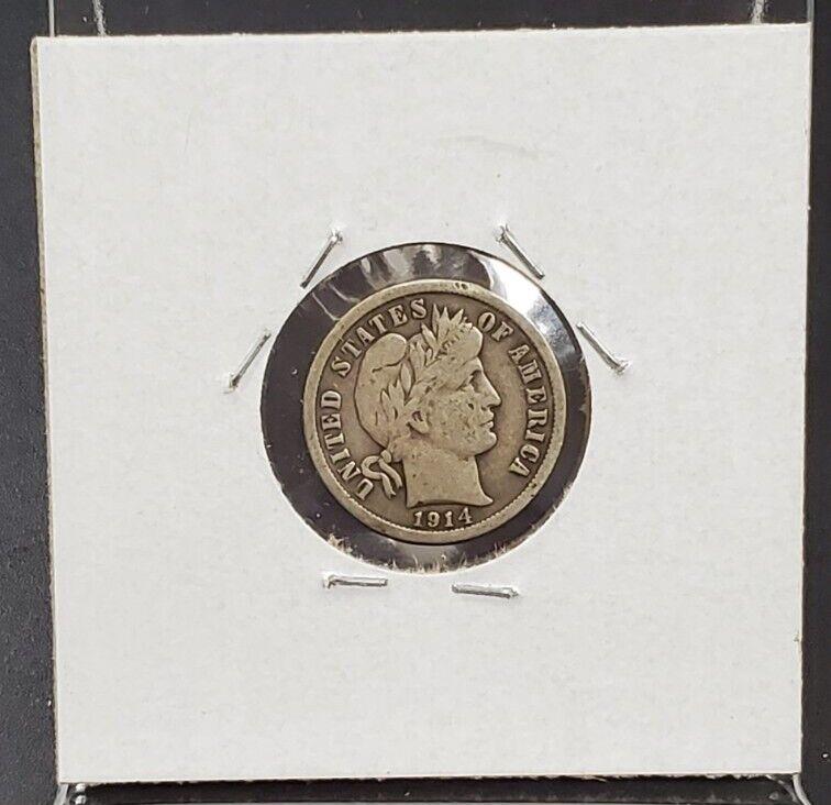 1914 10c D/D RPM Barber Silver Dime Coin Fine Circ