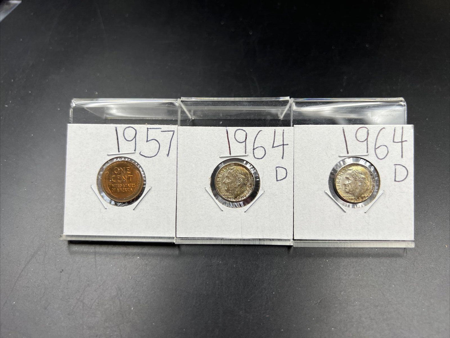 Toner Trio 3 Coin set 2x 1964 D 10c BU & 1957 Wheat 1c BU Neat Toning Toners Lot