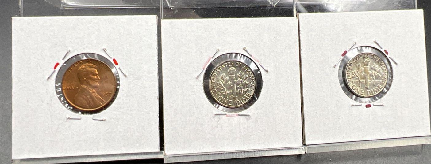 Toner Trio 3 Coin set 2x 1964 D 10c BU & 1957 Wheat 1c BU Neat Toning Toners Lot