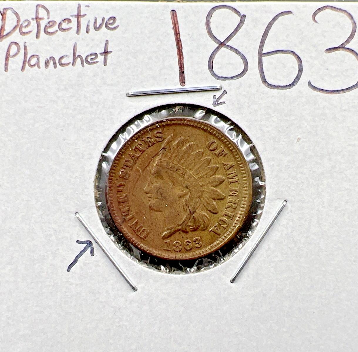 1863 1c Indian One Cent Coin VF Very Fine Defective Planchet Error