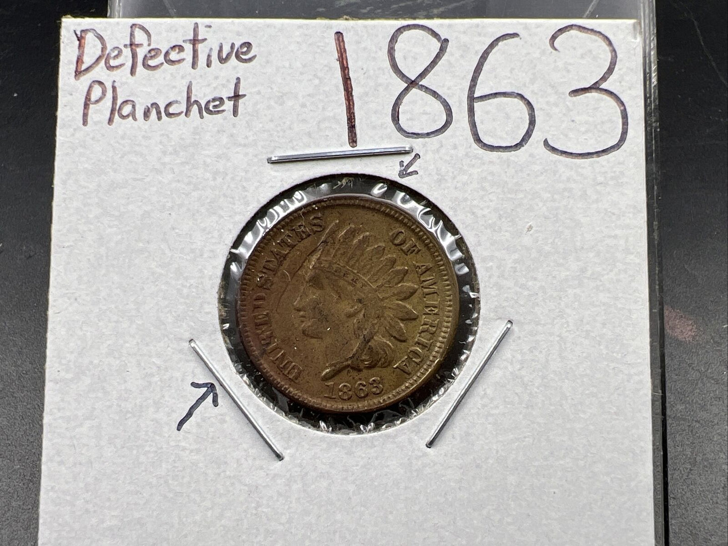 1863 1c Indian One Cent Coin VF Very Fine Defective Planchet Error