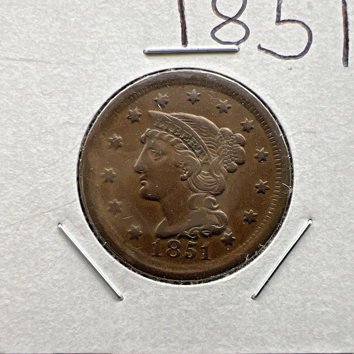 1851 1c Braided Hair Large Cent Coin OBV Struck Thru Grease Error XF EF Details