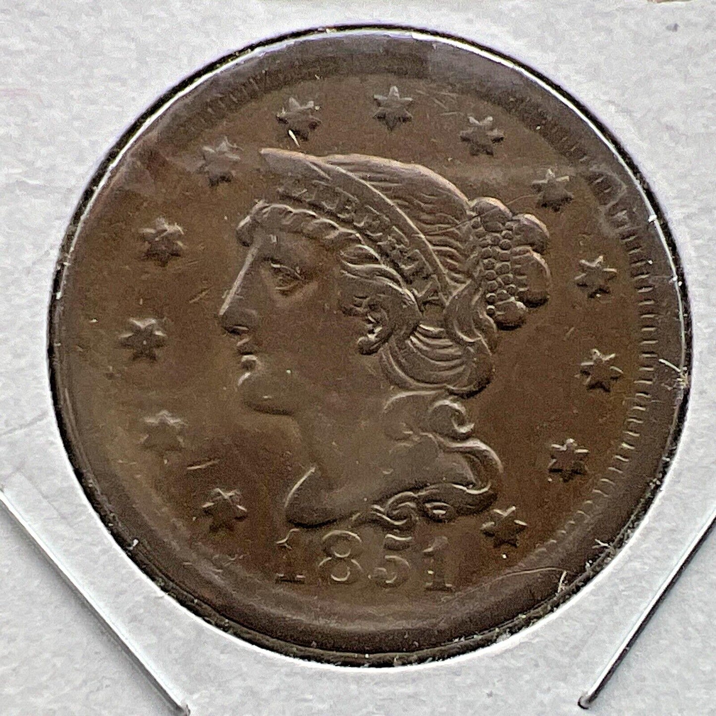 1851 1c Braided Hair Large Cent Coin OBV Struck Thru Grease Error XF EF Details