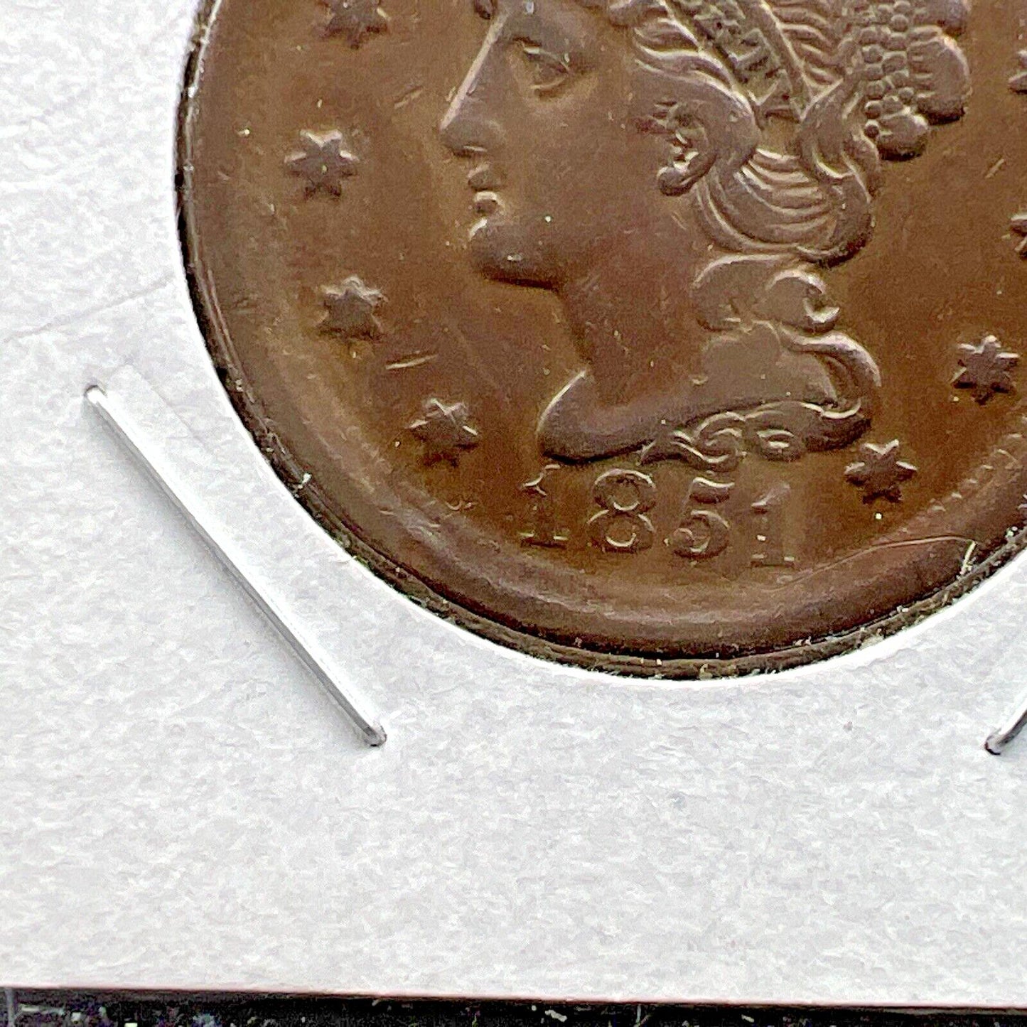 1851 1c Braided Hair Large Cent Coin OBV Struck Thru Grease Error XF EF Details