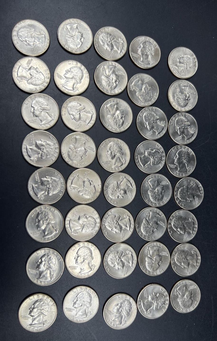1993 P 25c BU Washington Clad Quarter Roll Choice UNC 40 Coins