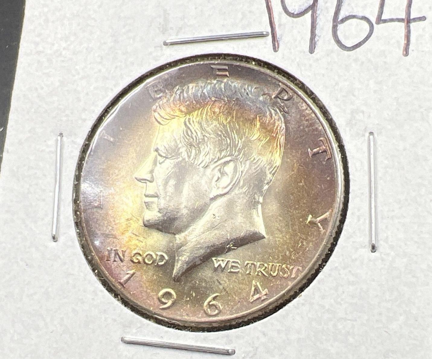 1964 P 50c Kennedy Half Dollar CH BU UNC PQ Rainbow Blue Hair PQ * Star Toning #
