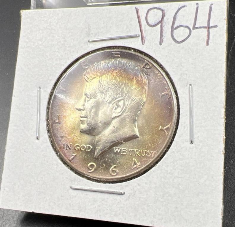1964 P 50c Kennedy Half Dollar CH BU UNC PQ Rainbow Blue Hair PQ * Star Toning #