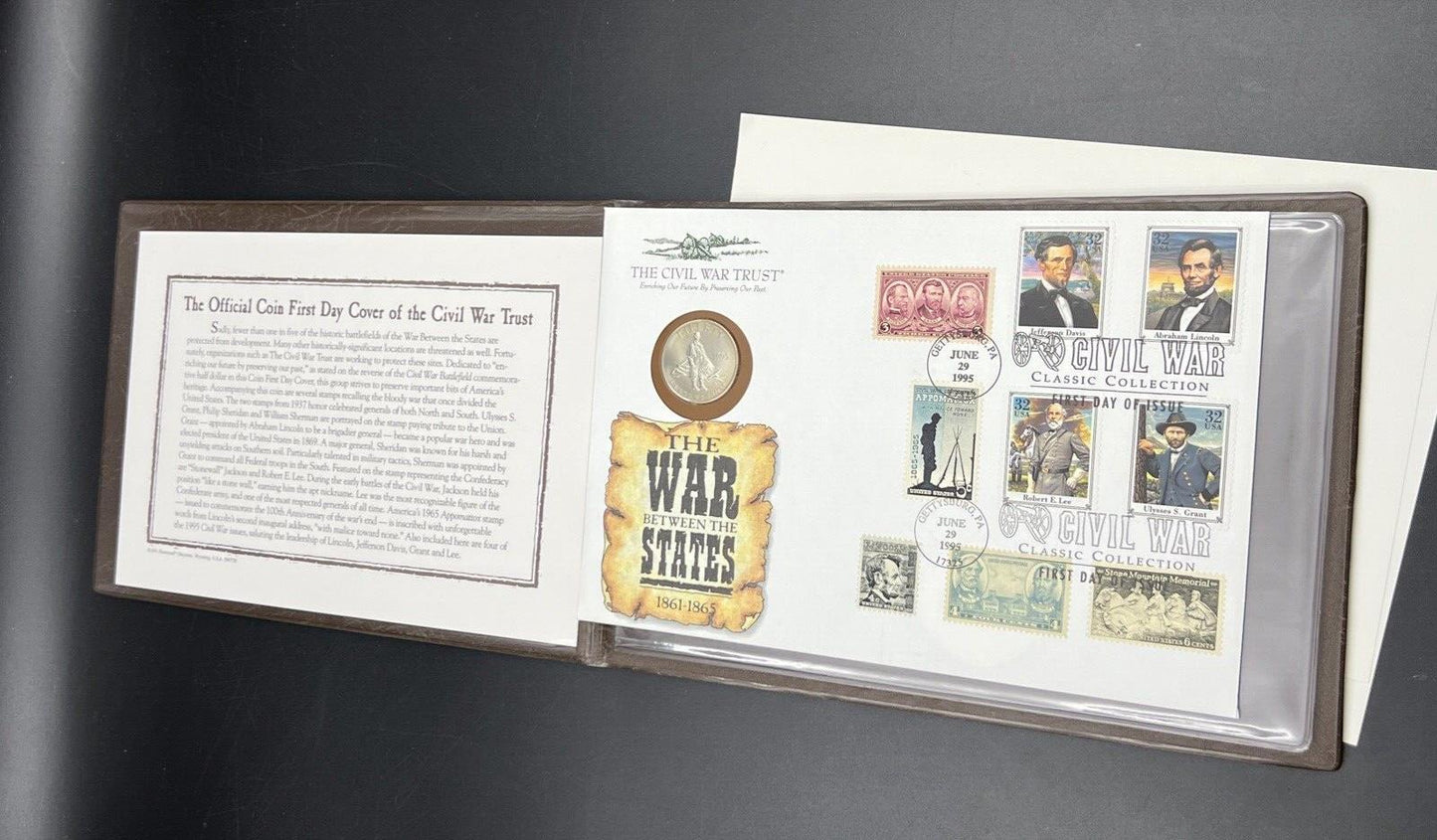 1995 Civil War Commemorative Half Dollar Coin with Stamps in Leather Display
