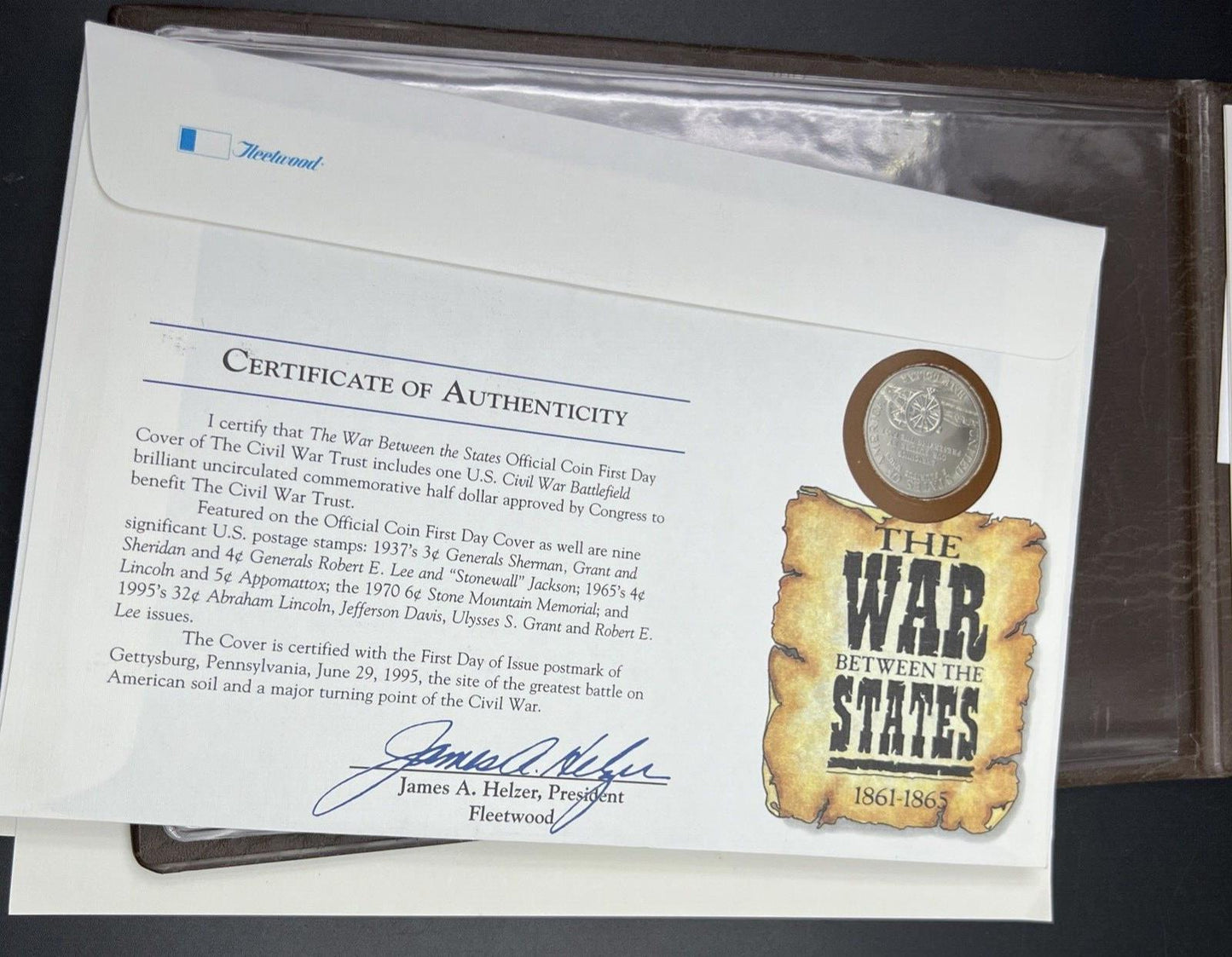 1995 Civil War Commemorative Half Dollar Coin with Stamps in Leather Display