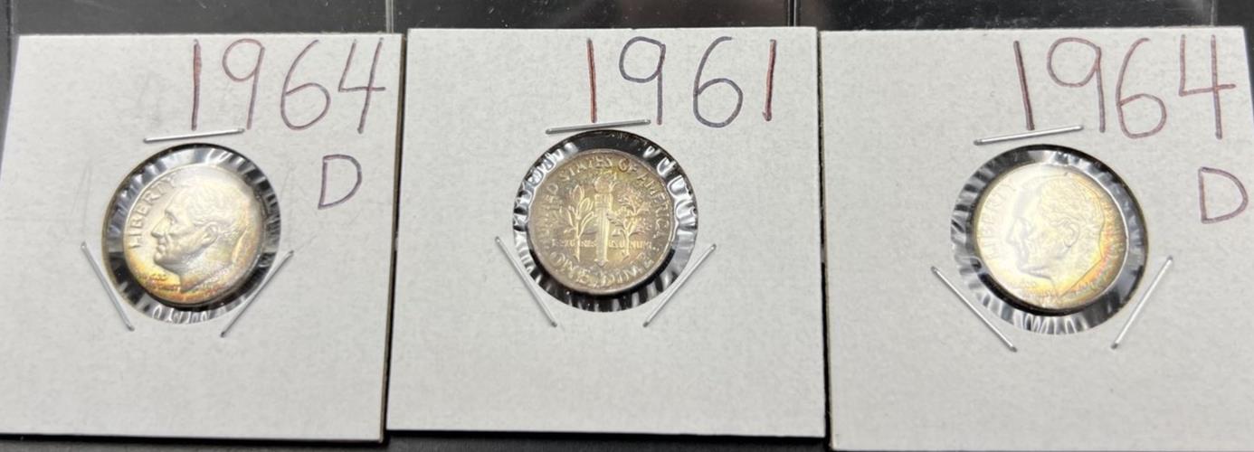Toner Trio 3 Nice toned 1964 & 1961 Roosevelt Silver Dime Coins BU UNC