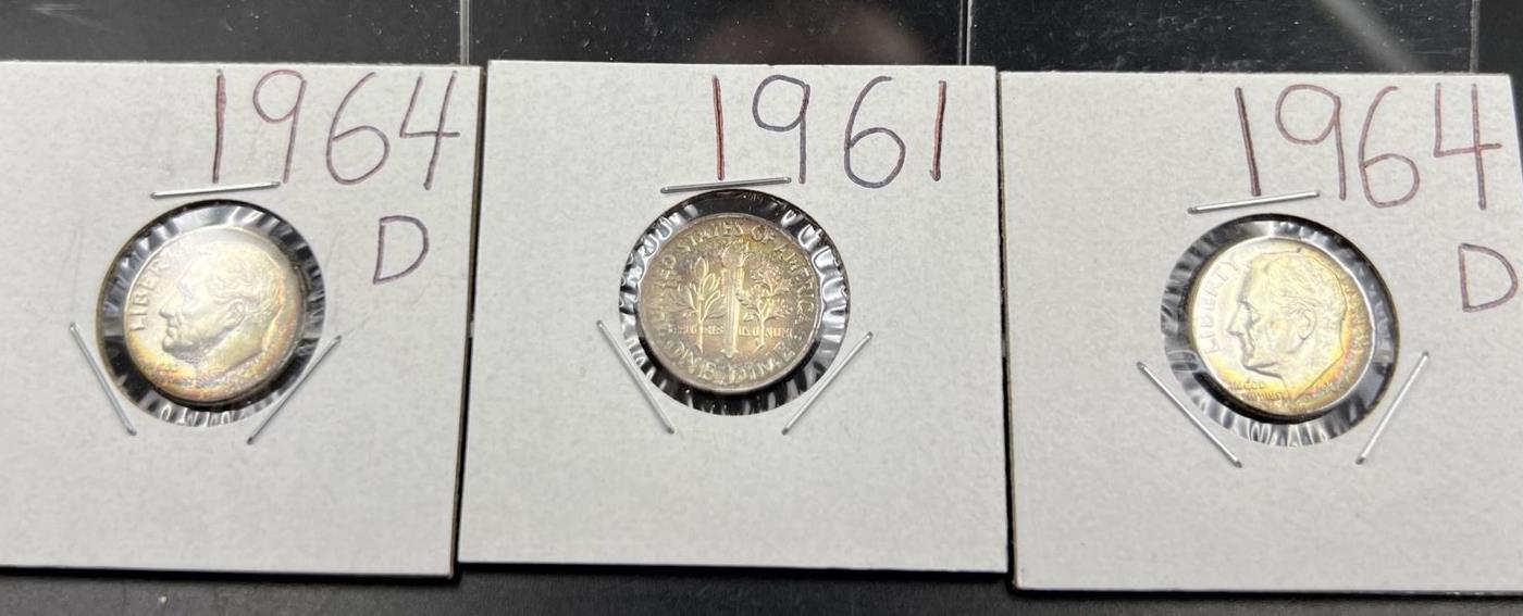 Toner Trio 3 Nice toned 1964 & 1961 Roosevelt Silver Dime Coins BU UNC