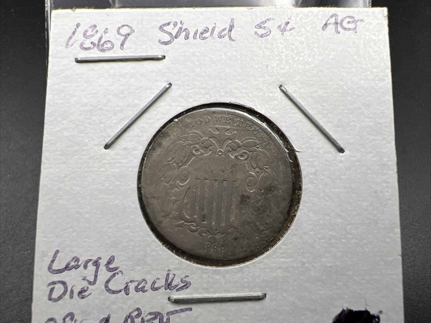 1869 Shield Nickel Five Cents Coin AG Details Bent