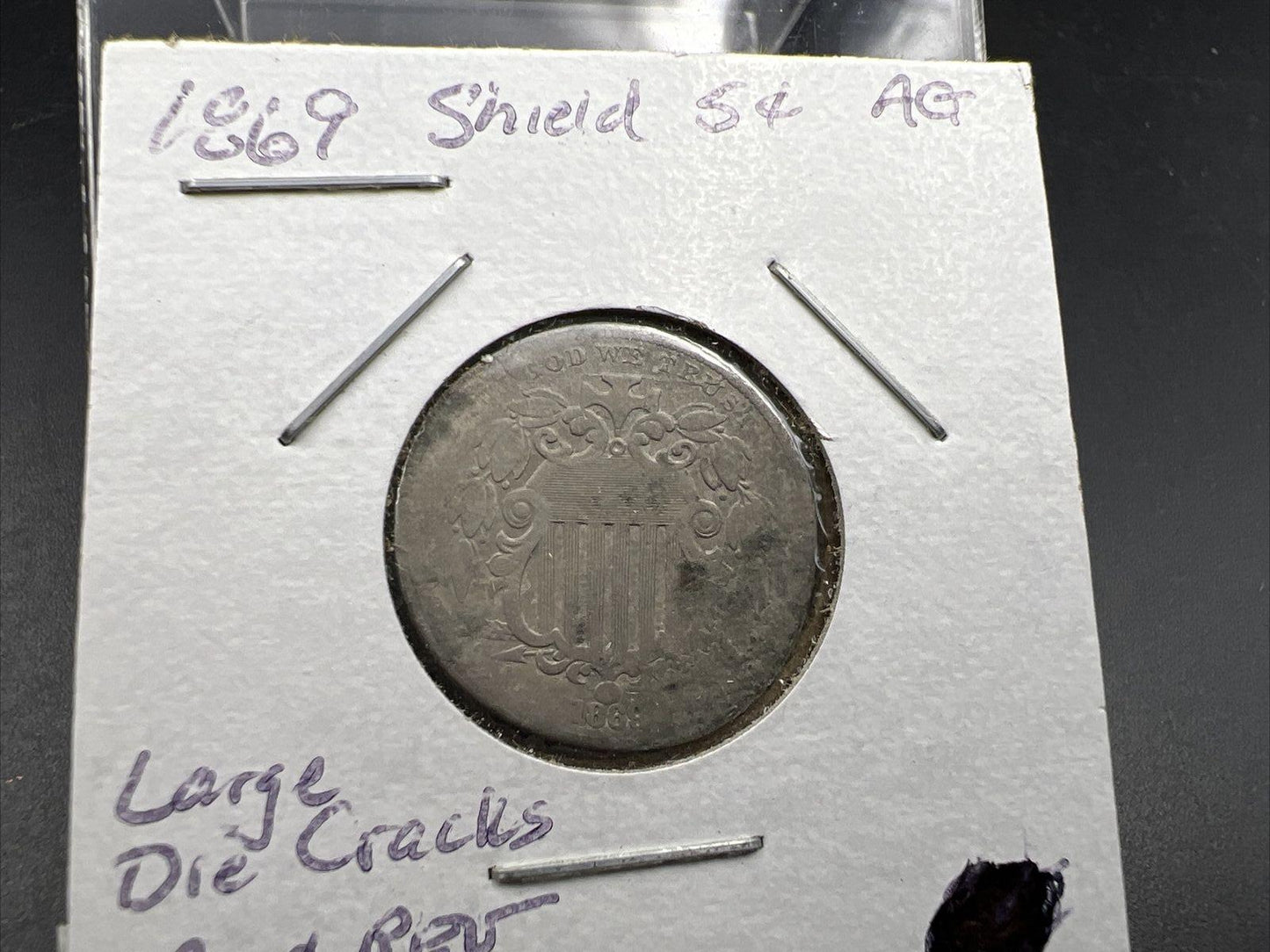 1869 Shield Nickel Five Cents Coin AG Details Bent