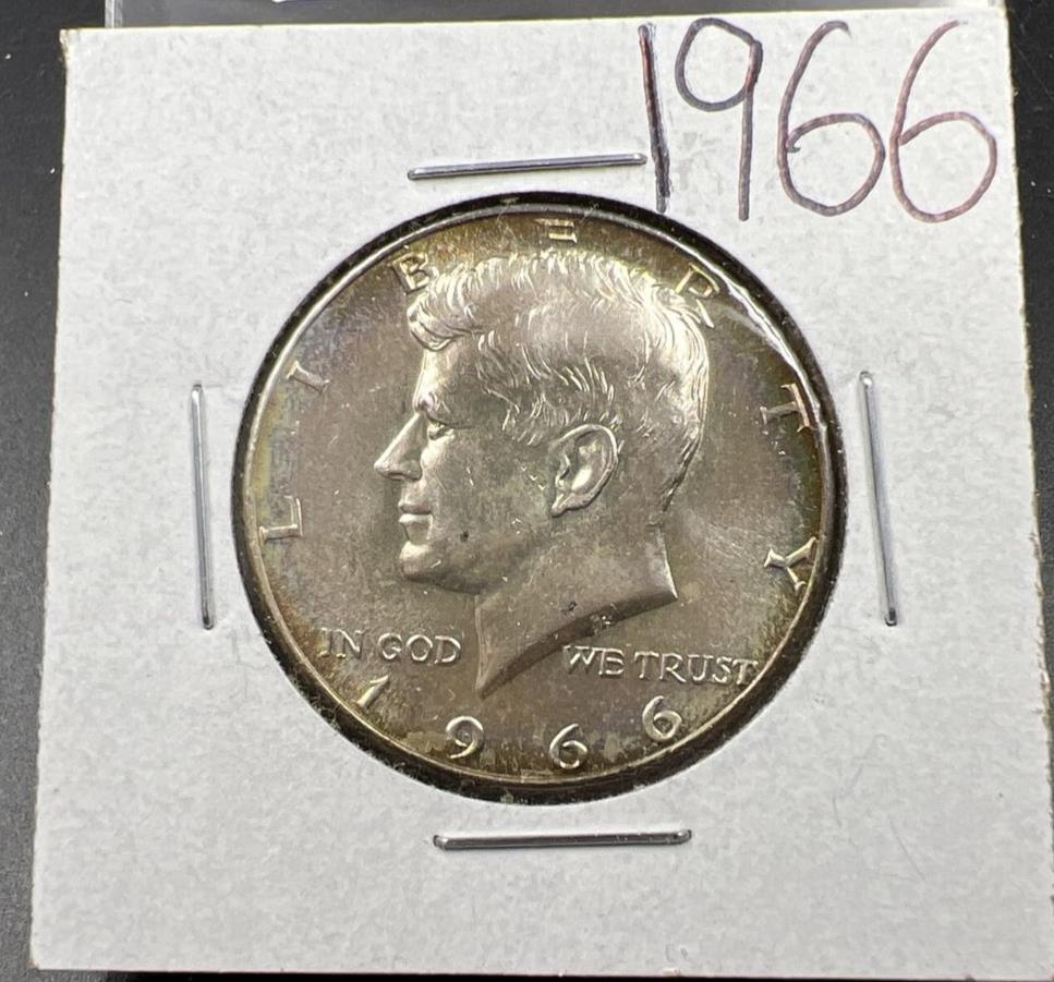 1966 50c Kennedy Silver Half Dollar BU Nice Original Toning Toner sku#brwn