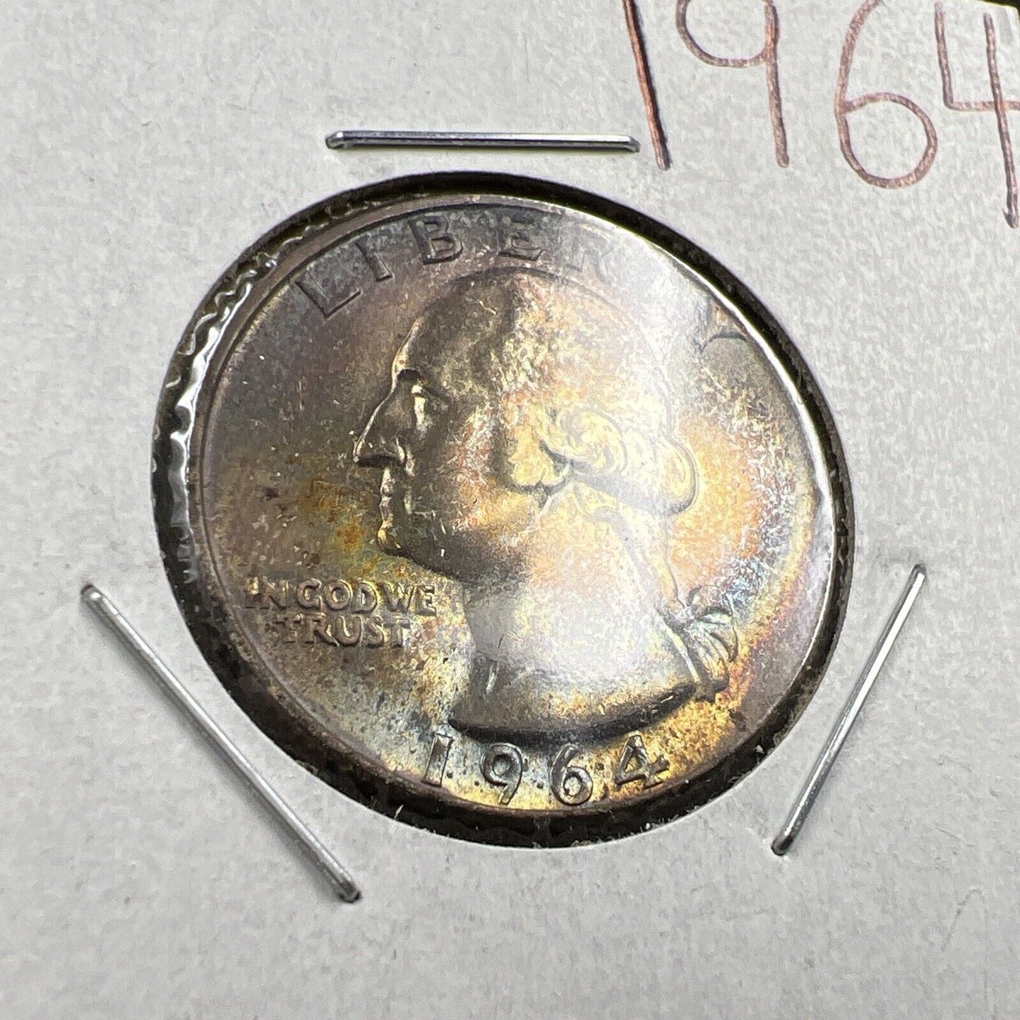 1964 P Washington 25c Silver Quarter Coin CH BU UNC PQ Rainbow Toning #XA