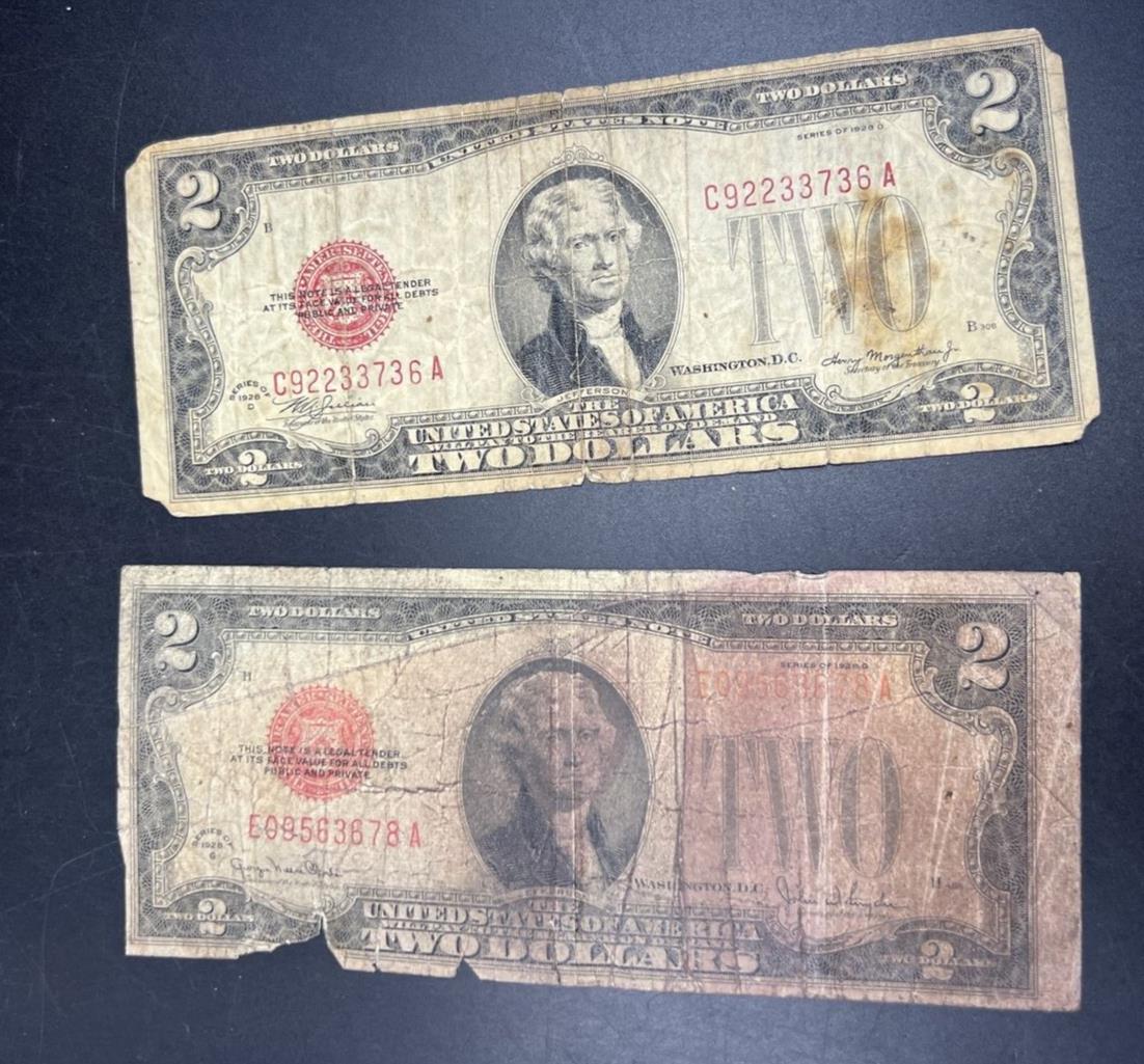 Lot of 2 1928 $2 Two Dollar Legal Tender Red Seal Notes Cull #678