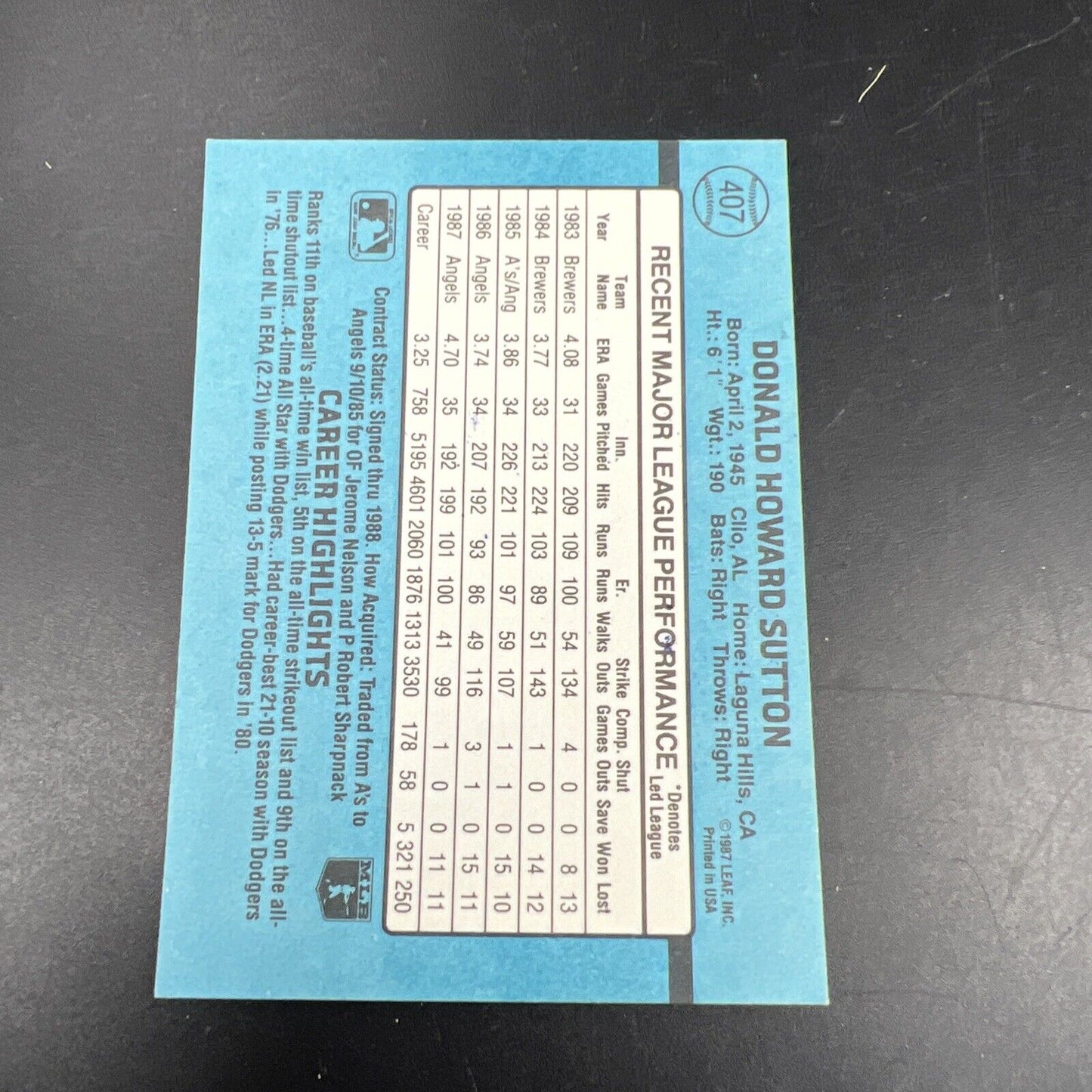 Don Sutton Hand Signed Donruss Card Used Condition Anaheim Angels MLB