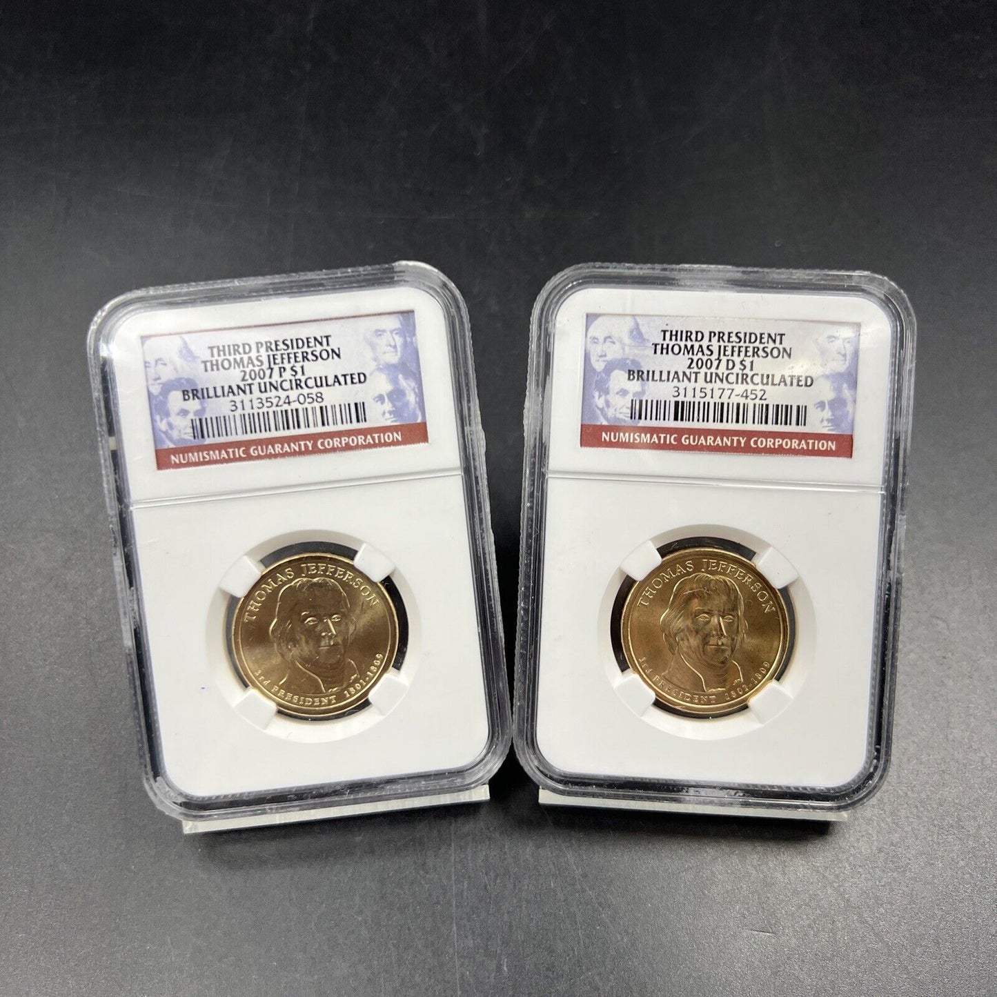 2007 P & D $1 Thomas Jefferson Presidential Dollar Two Coin Set NGC BU Certified