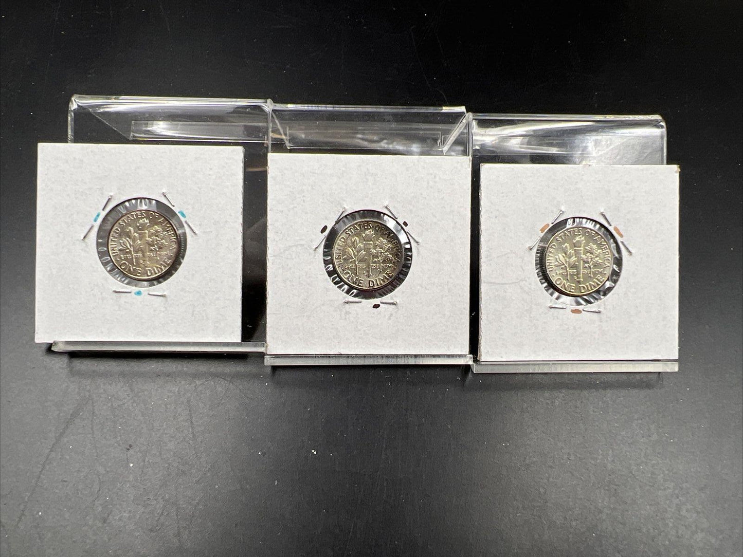 Toner Trio 3 Neat Toning toned 1964 D Roosevelt Silver Dime Coins BU UNC