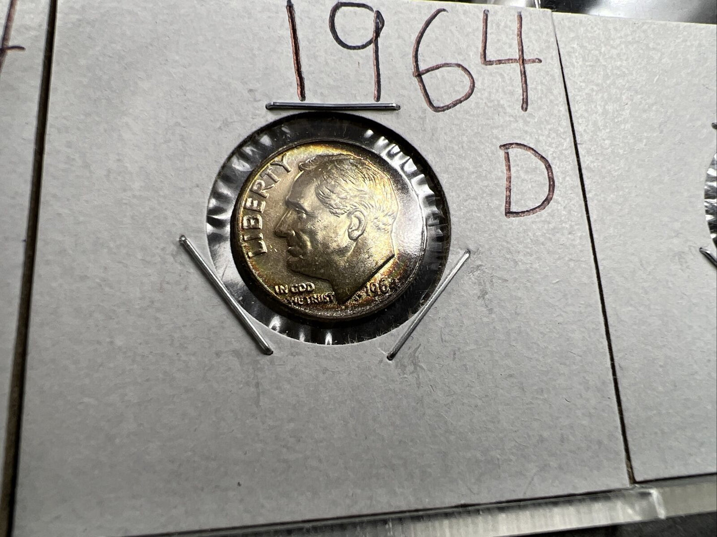 Toner Trio 3 Neat Toning toned 1964 D Roosevelt Silver Dime Coins BU UNC
