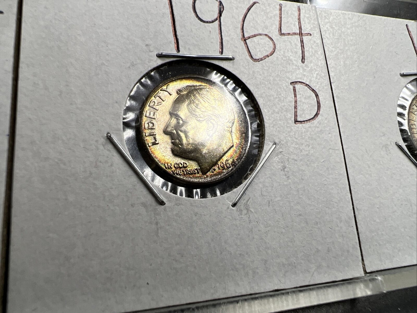 Toner Trio 3 Neat Toning toned 1964 D Roosevelt Silver Dime Coins BU UNC