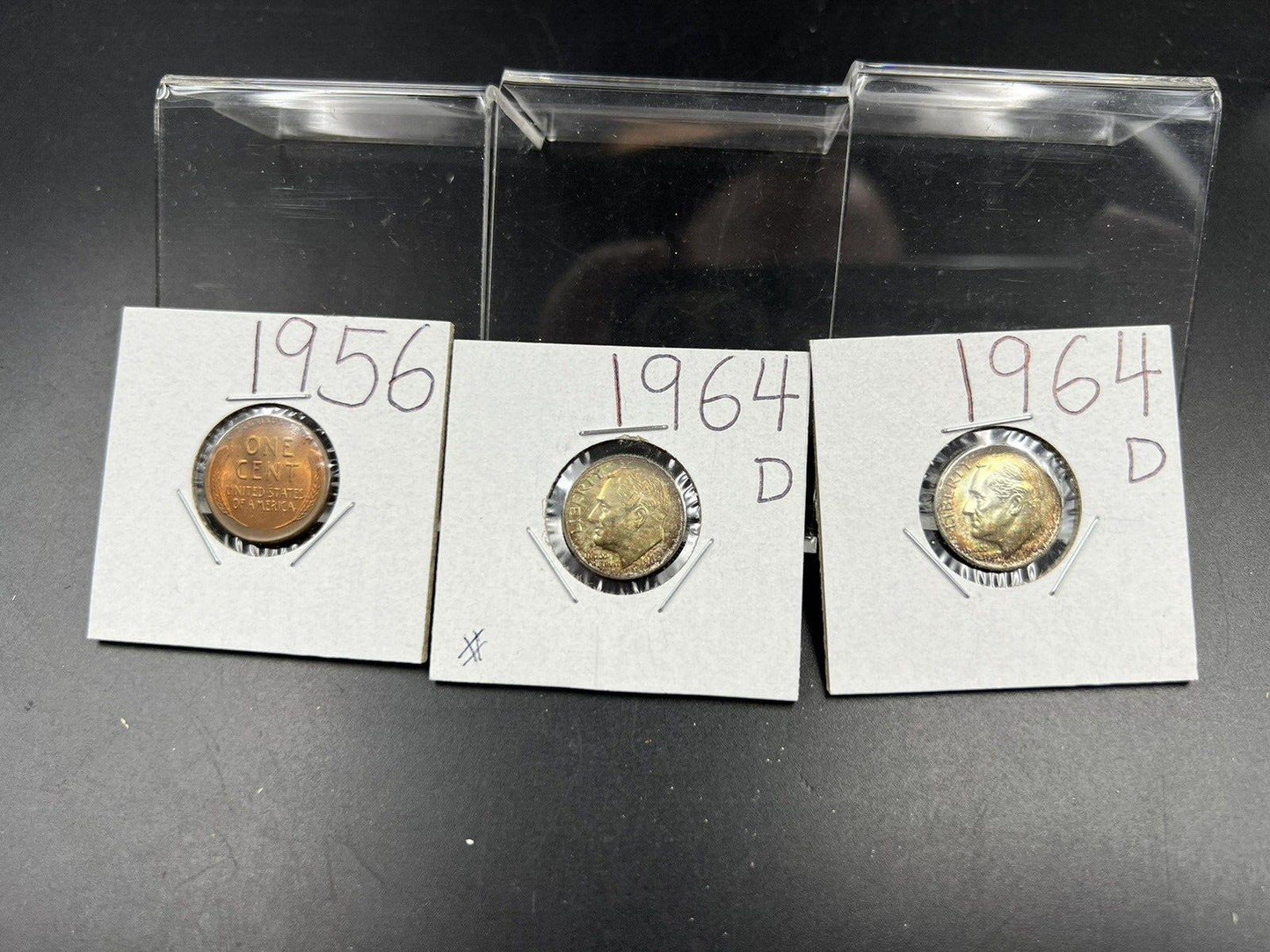 Toner Trio 3 Coin Set 2x 1964 D 10c BU & 1956 1c Wheat BU Red/Brown UNC