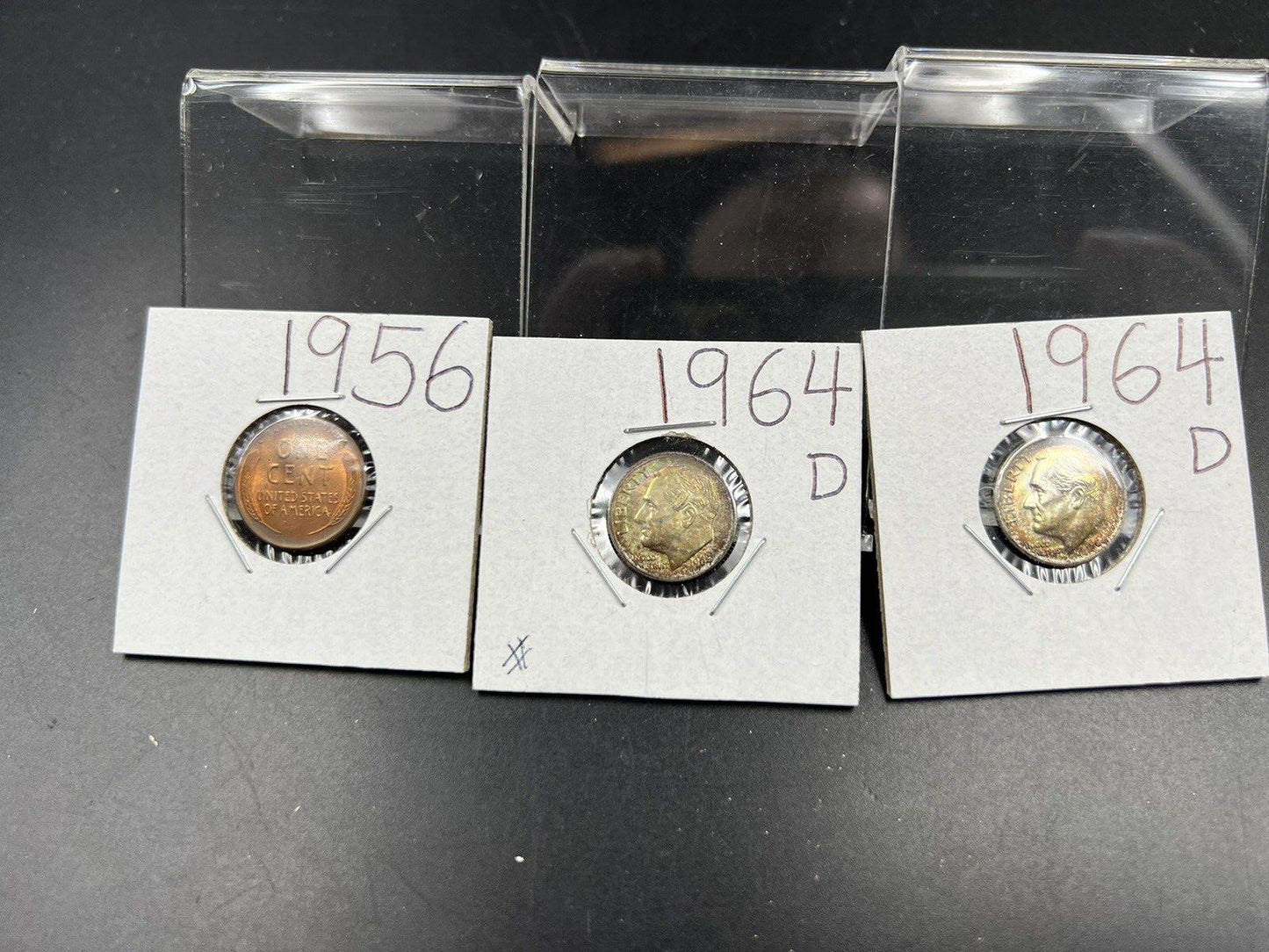 Toner Trio 3 Coin Set 2x 1964 D 10c BU & 1956 1c Wheat BU Red/Brown UNC