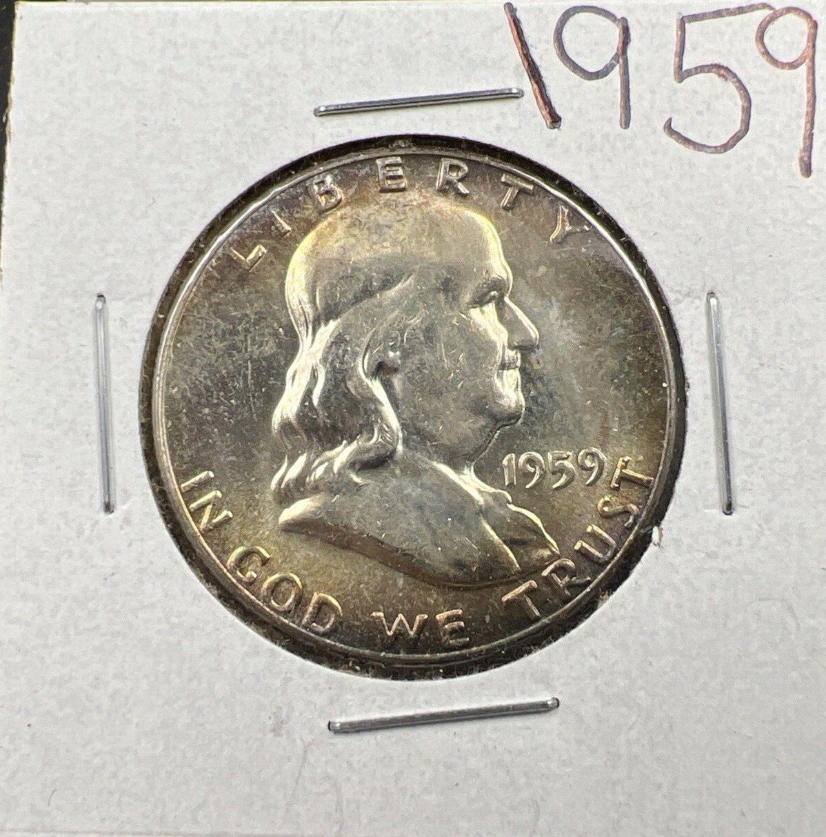 1959 P 50c Franklin Silver Half Dollar Coin Neat Toning Toner CH BU UNC